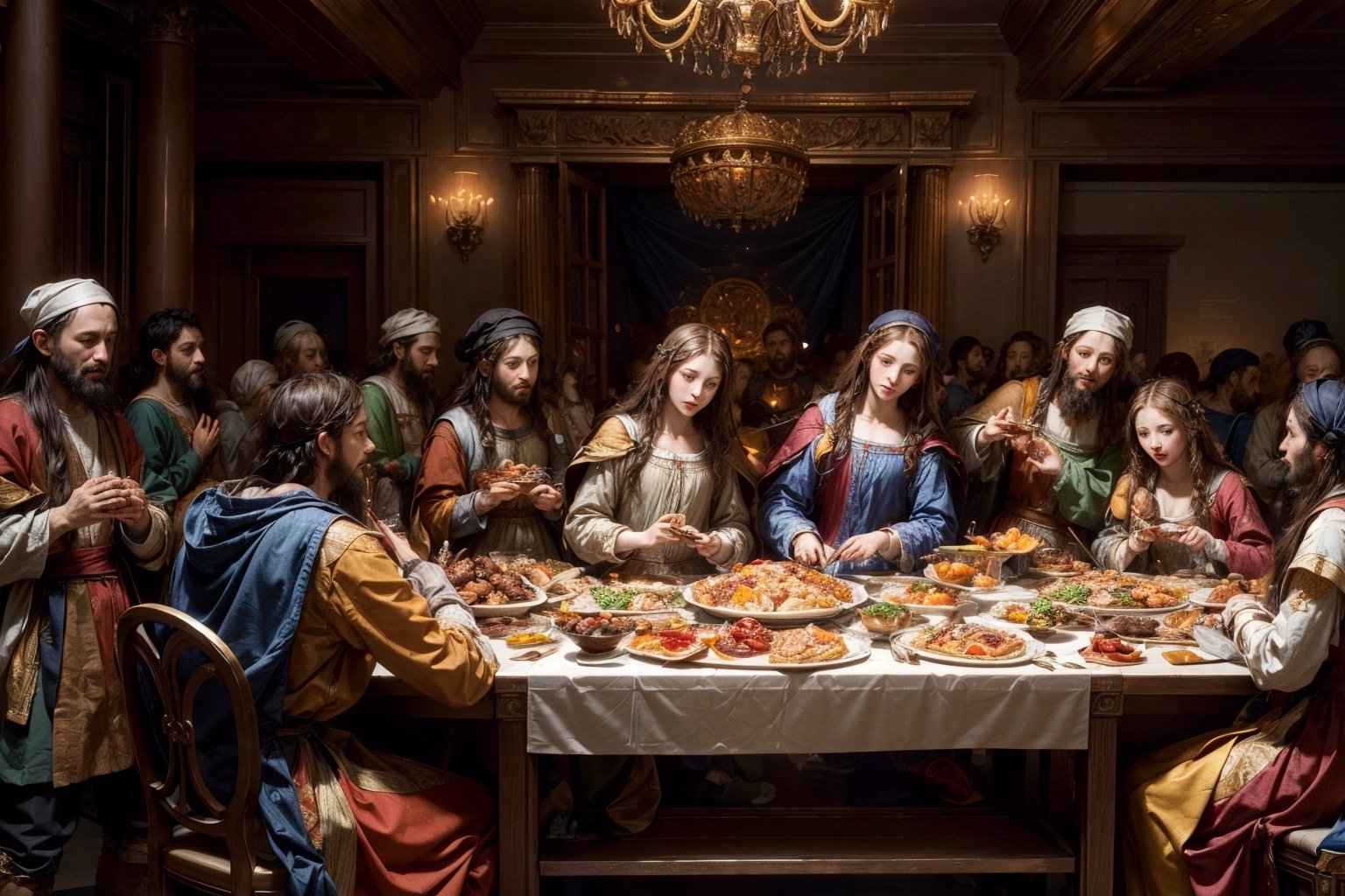 art by Leonardo da Vinci, The Last Supper, people are enjoying a delicious thanksgiving feast at a lavish table , etheral lighting, ultra detailed,  