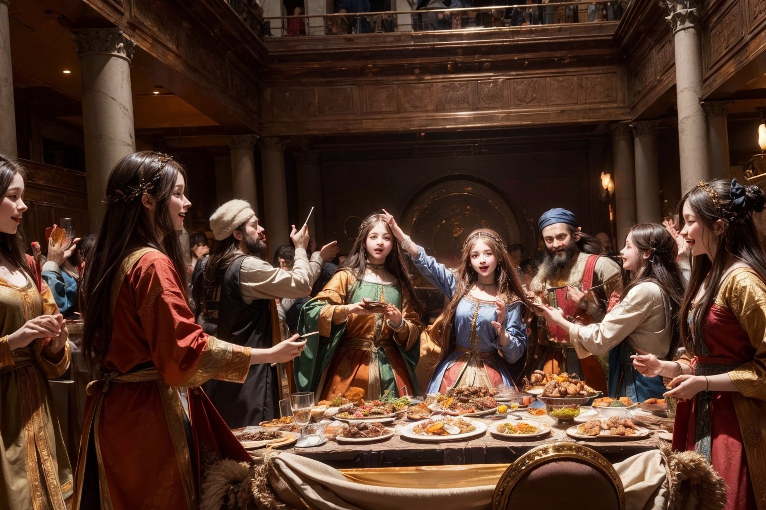 art by Leonardo da Vinci, The Last Supper, people are enjoying a delicious thanksgiving feast at a lavish table, othes are dancing, happy and festive atmosphere , etheral lighting, ultra detailed,  