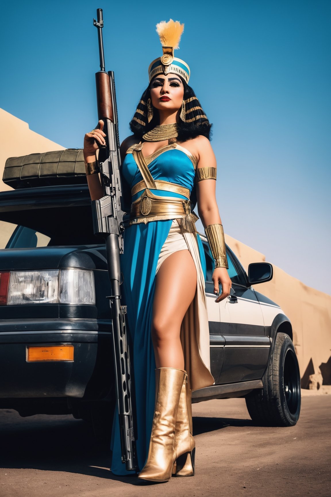 Queen Cleopatra wearing her royal outfit, standing near a car, carry rifle gun on shoulder, (full body), (from below):1.13, high contrast, low saturation, wide shot, american apocalyptic theme,aw0k euphoric style,photo r3al