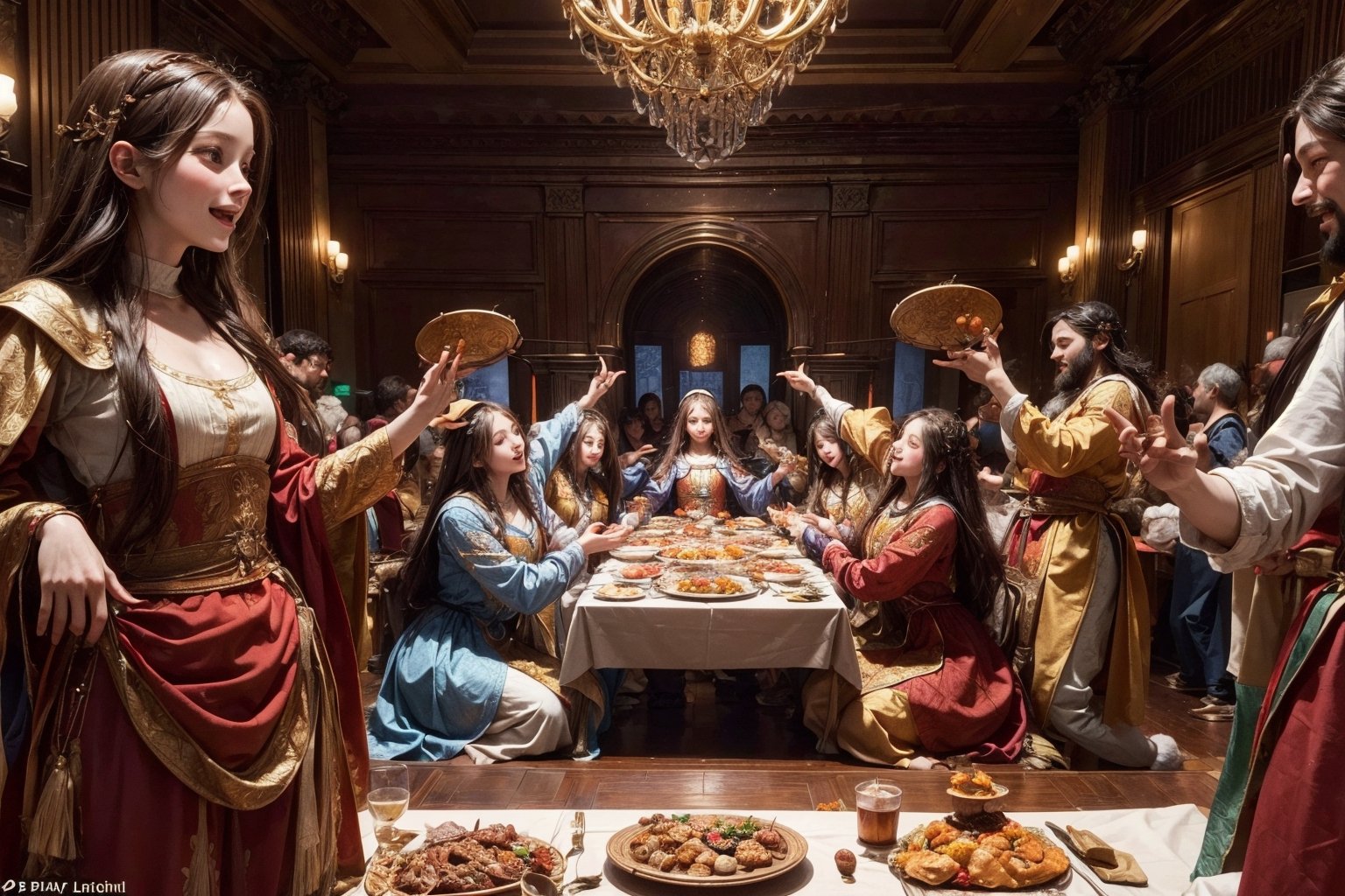 art by Leonardo da Vinci, The Last Supper, people are enjoying a delicious thanksgiving feast at a lavish table, othes are dancing, happy and festive atmosphere , etheral lighting, ultra detailed,  