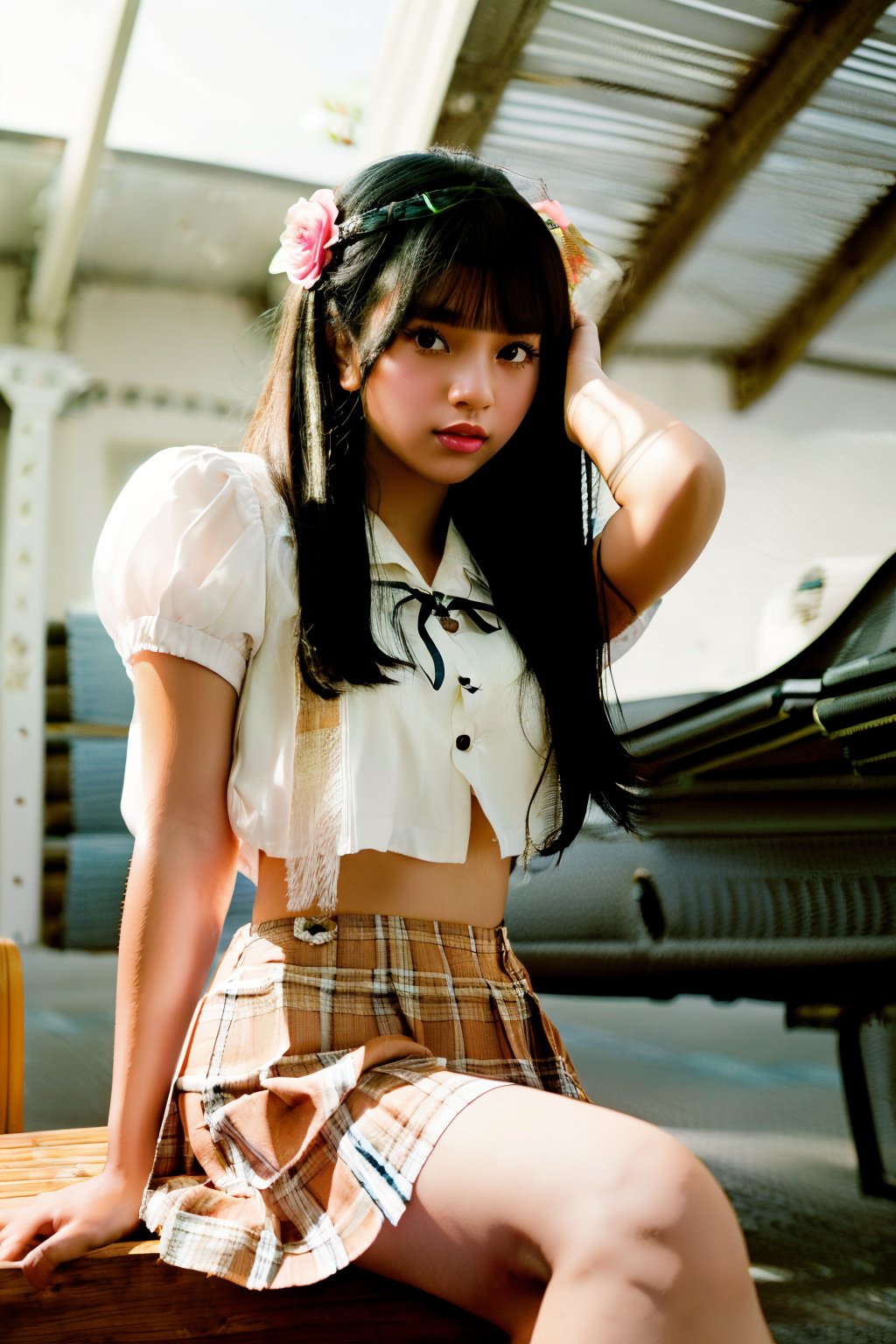 A young high school girl with brown-black hair,  fair skin,  and black eyes stands tall by RO 71 on Tensor.Art