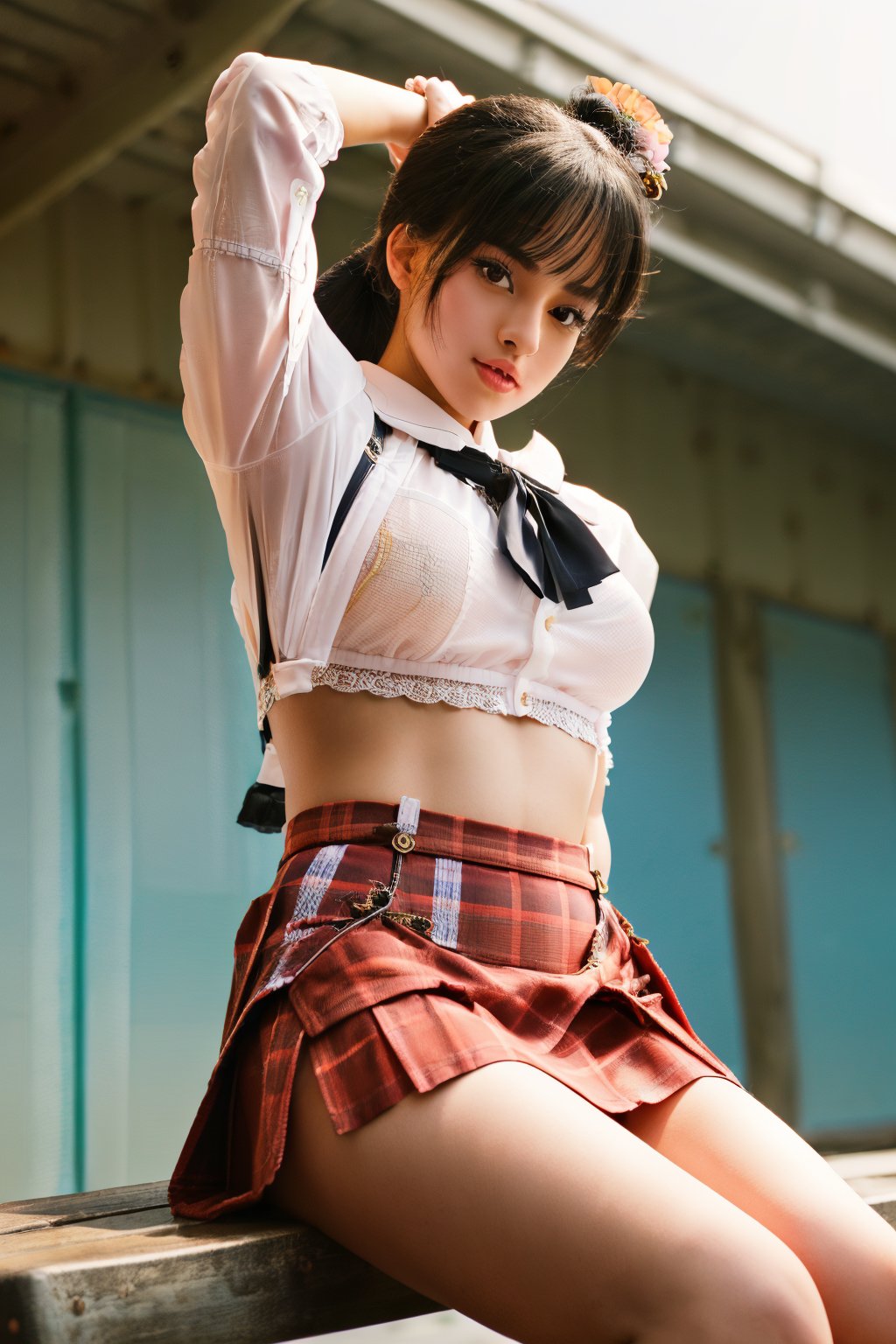 A young high school girl with brown-black hair,  fair skin,  and black eyes stands tall by RO 71 on Tensor.Art