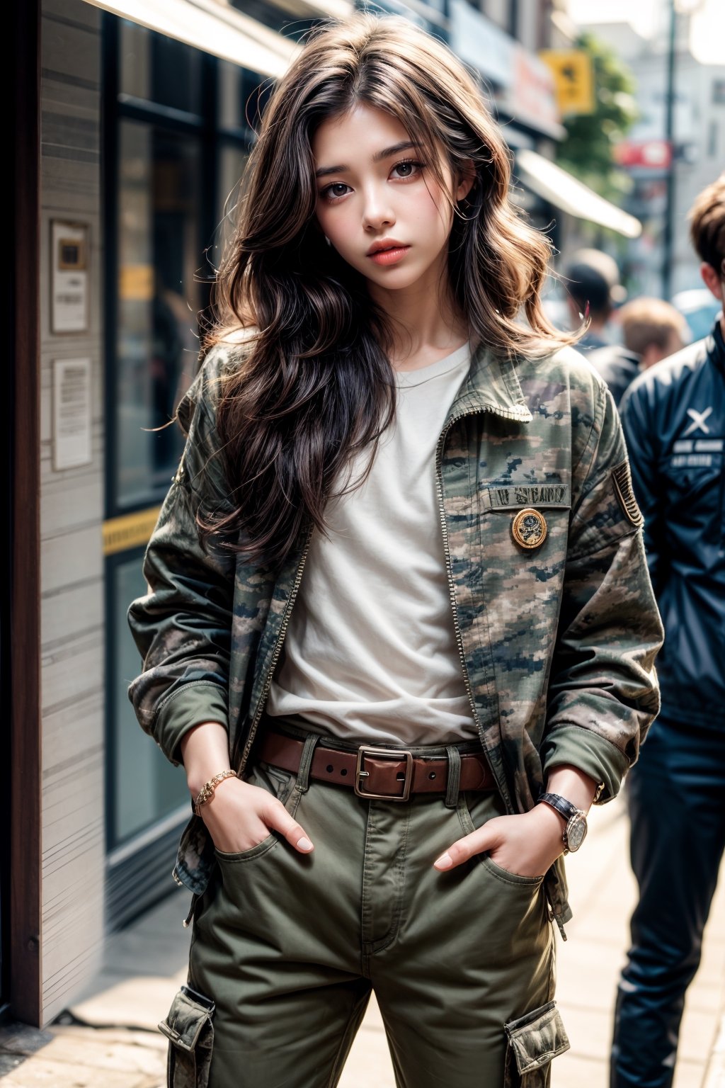 1girl, long hair, looking at viewer, brown hair, brown eyes, jewelry, closed mouth, standing, cowboy shot, outdoors, multiple boys, solo focus, belt, pants, artist name, blurry, uniform, bracelet, lips, head tilt, military, military uniform, blurry background, wavy hair, sleeves rolled up, curly hair, watch, realistic, hands in pockets, wristwatch, camouflage, patch