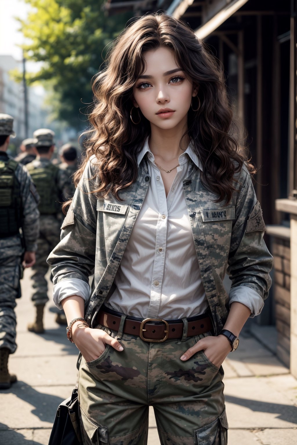 1girl, long hair, looking at viewer, brown hair, brown eyes, jewelry, closed mouth, standing, cowboy shot, outdoors, multiple boys, solo focus, belt, pants, artist name, blurry, uniform, bracelet, lips, head tilt, military, military uniform, blurry background, wavy hair, sleeves rolled up, curly hair, watch, realistic, hands in pockets, wristwatch, camouflage, patch