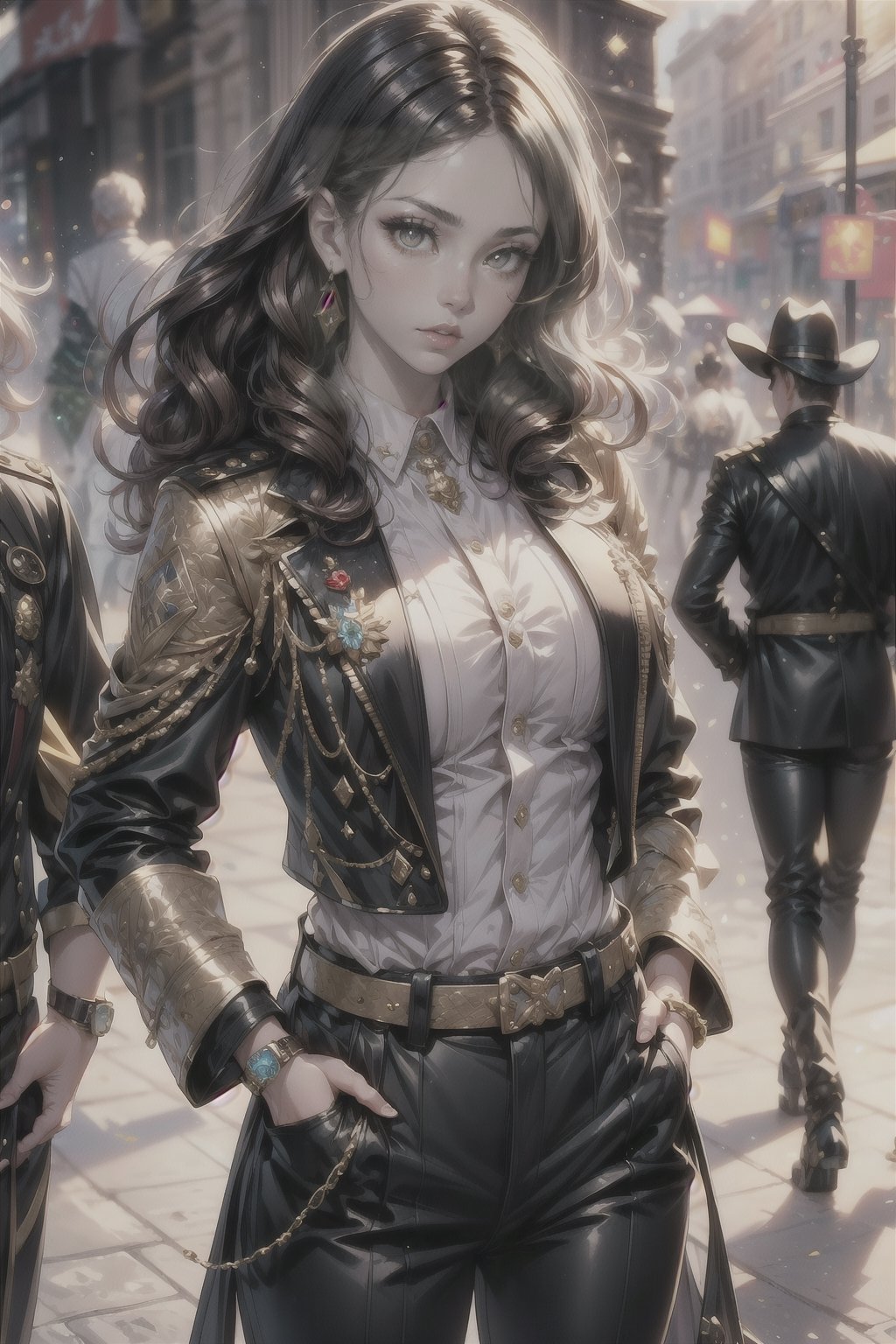 1girl, long hair, looking at viewer, brown hair, brown eyes, jewelry, closed mouth, standing, cowboy shot, outdoors, multiple boys, solo focus, belt, pants, artist name, blurry, uniform, bracelet, lips, head tilt, military, military uniform, blurry background, wavy hair, sleeves rolled up, curly hair, watch, realistic, hands in pockets, wristwatch, camouflage, patch