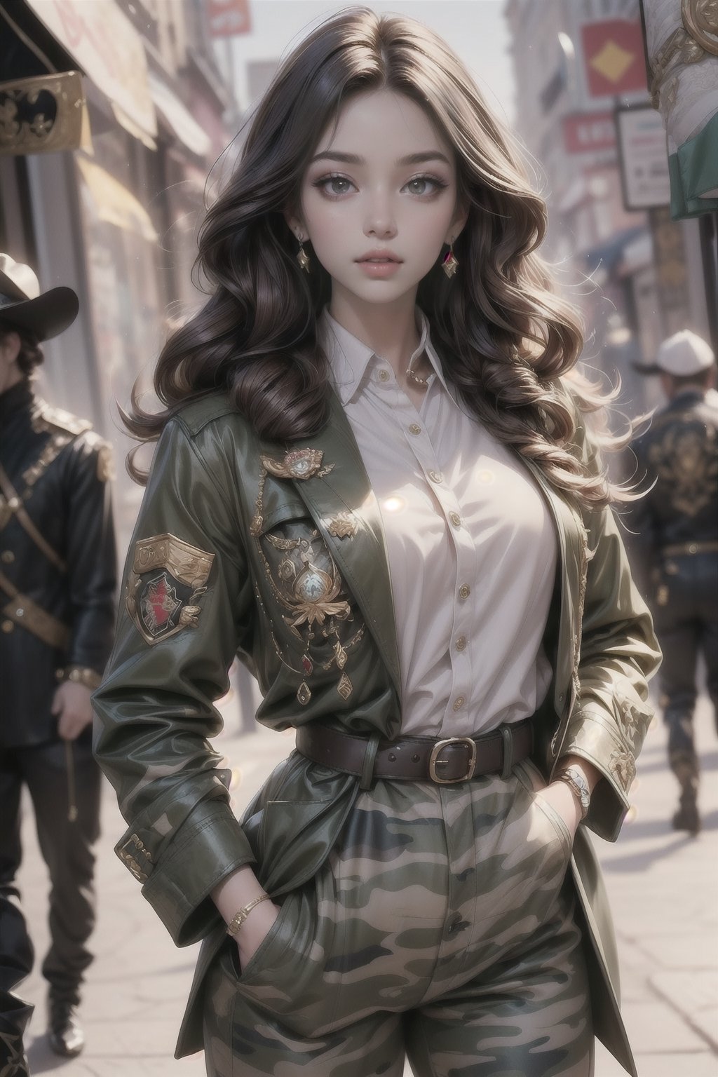 1girl, long hair, looking at viewer, brown hair, brown eyes, jewelry, closed mouth, standing, cowboy shot, outdoors, multiple boys, solo focus, belt, pants, artist name, blurry, uniform, bracelet, lips, head tilt, military, military uniform, blurry background, wavy hair, sleeves rolled up, curly hair, watch, realistic, hands in pockets, wristwatch, camouflage, patch