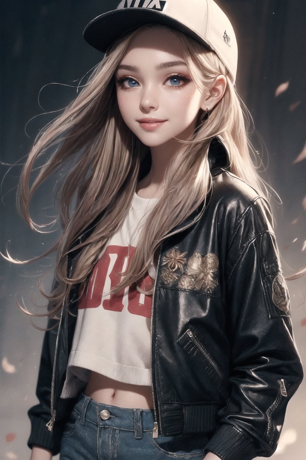 4k,best quality,masterpiece,1girl,(cropped jacket),(demin pant), smile,baseball cap,

(Beautiful and detailed eyes),
Detailed face, detailed eyes, double eyelids ,thin face, real hands,
((short hair with long locks:1.2)),brown-hair, white background,


real person, color splash style photo,
