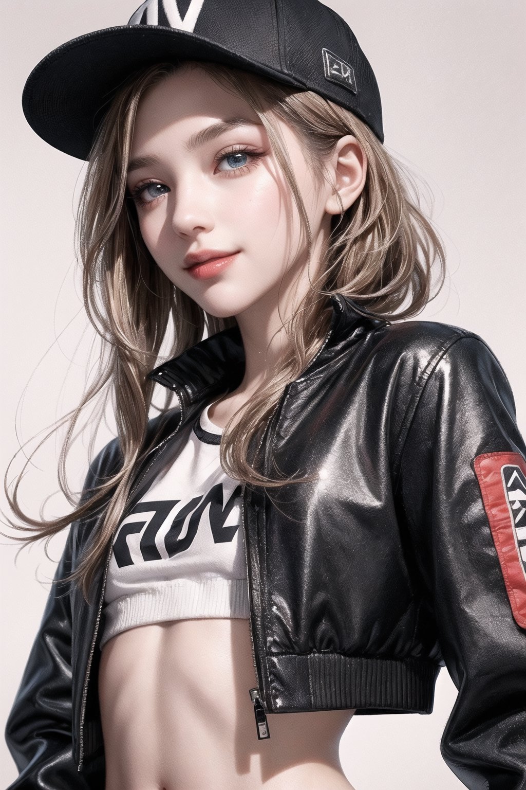 4k,best quality,masterpiece,1girl,(cropped jacket),(demin pant), smile,baseball cap,

(Beautiful and detailed eyes),
Detailed face, detailed eyes, double eyelids ,thin face, real hands,
((short hair with long locks:1.2)),brown-hair, white background,


real person, color splash style photo,
