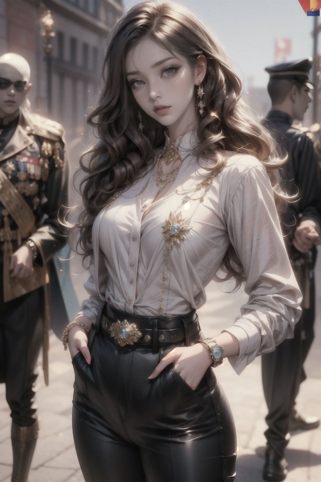 1girl, long hair, looking at viewer, brown hair, brown eyes, jewelry, closed mouth, standing, cowboy shot, outdoors, multiple boys, solo focus, belt, pants, artist name, blurry, uniform, bracelet, lips, head tilt, military, military uniform, blurry background, wavy hair, sleeves rolled up, curly hair, watch, realistic, hands in pockets, wristwatch, camouflage, patch,niji style,3d toon style,xxmix_girl,girl,concept,masterpiece