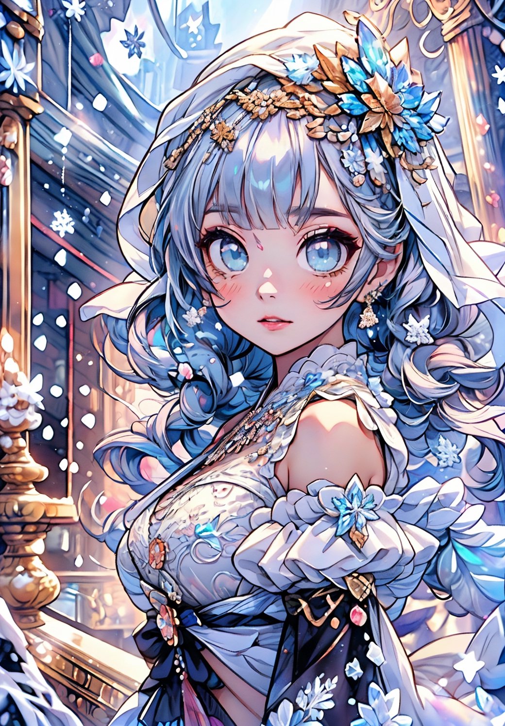 ((((ink))),((watercolor)),world masterpiece theater, ((best quality)),depth of field,((illustration)),(1 girl),anime face,medium_breast,floating,beautiful detailed sky,looking_at_viewers,an detailed organdie dress,very_close_to_viewers,bare_shoulder,golden_bracelet,focus_on_face,messy_long_hair,veil,upper_body,,lens_flare,light_leaks,bare shoulders,detailed_beautiful_Snow Forest_with_Trees, spirit,grey_hair,White clothes,((Snowflakes)),floating sand flow,navel,(beautiful detailed eyes), (8k_wallpaper),masterpiece,studio_ghibli_anime_style style