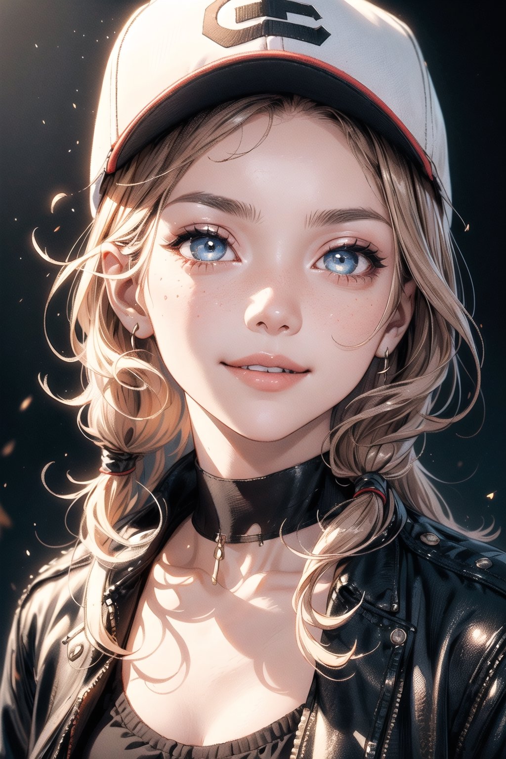 4k,best quality,masterpiece,1girl,(cropped jacket),(demin pant), smile,baseball cap,

(Beautiful and detailed eyes),
Detailed face, detailed eyes, double eyelids ,thin face, real hands,
((short hair with long locks:1.2)),brown-hair, white background,


real person, color splash style photo,
,highres