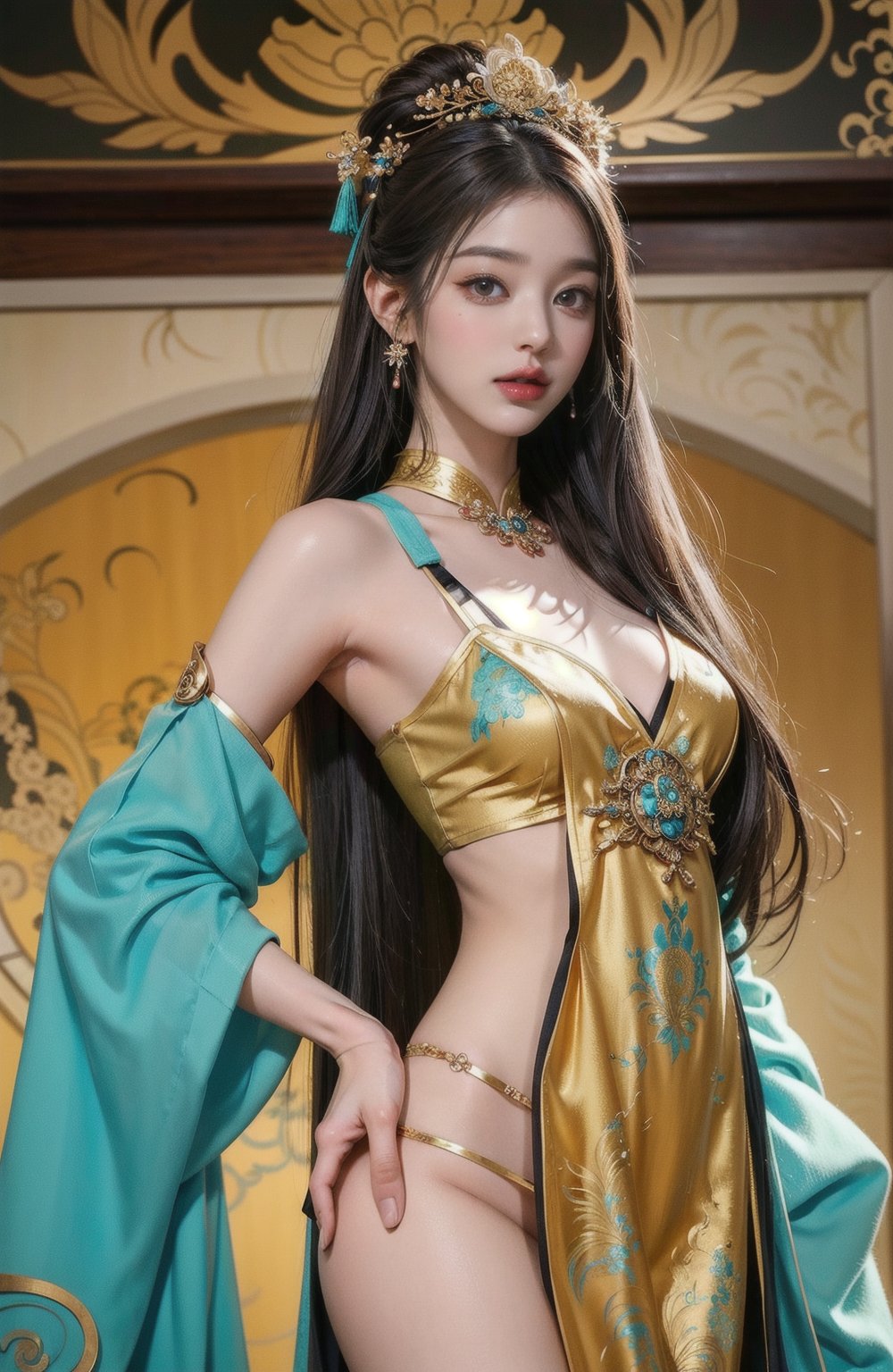  A girl, photographed from head to toe, wears an ornate, flowing costume from ancient Chinese Dunhuang murals in bright colors including turquoise, gold and red, embellished with floral patterns and delicate details. The long flowing black hair is decorated with ornate hair accessories, against a background of softly blurred glowing spheres and abstract elements, suggesting a mysterious or dreamy environment. The dynamic light and flow of clothing convey a sense of movement, adding to the ethereal quality of the artwork. The overall ambience is both serene and vivid, and the rich combination of textures and colors is intoxicating