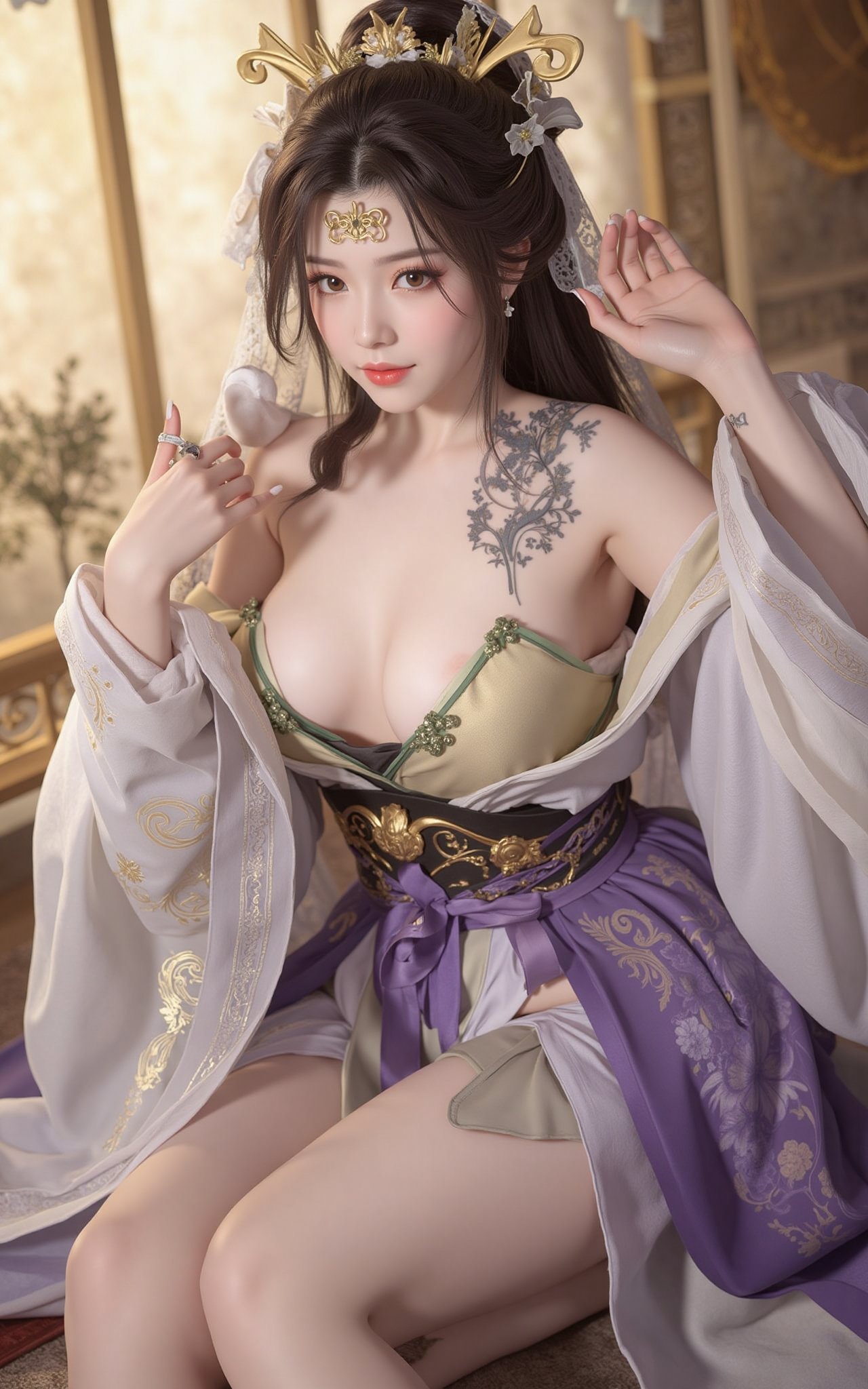 (masterpiece, best quality:1.2), 1girl, (hanfu dress:1.26),looking at viewer,(huge breasts:1.69),Depth of field,