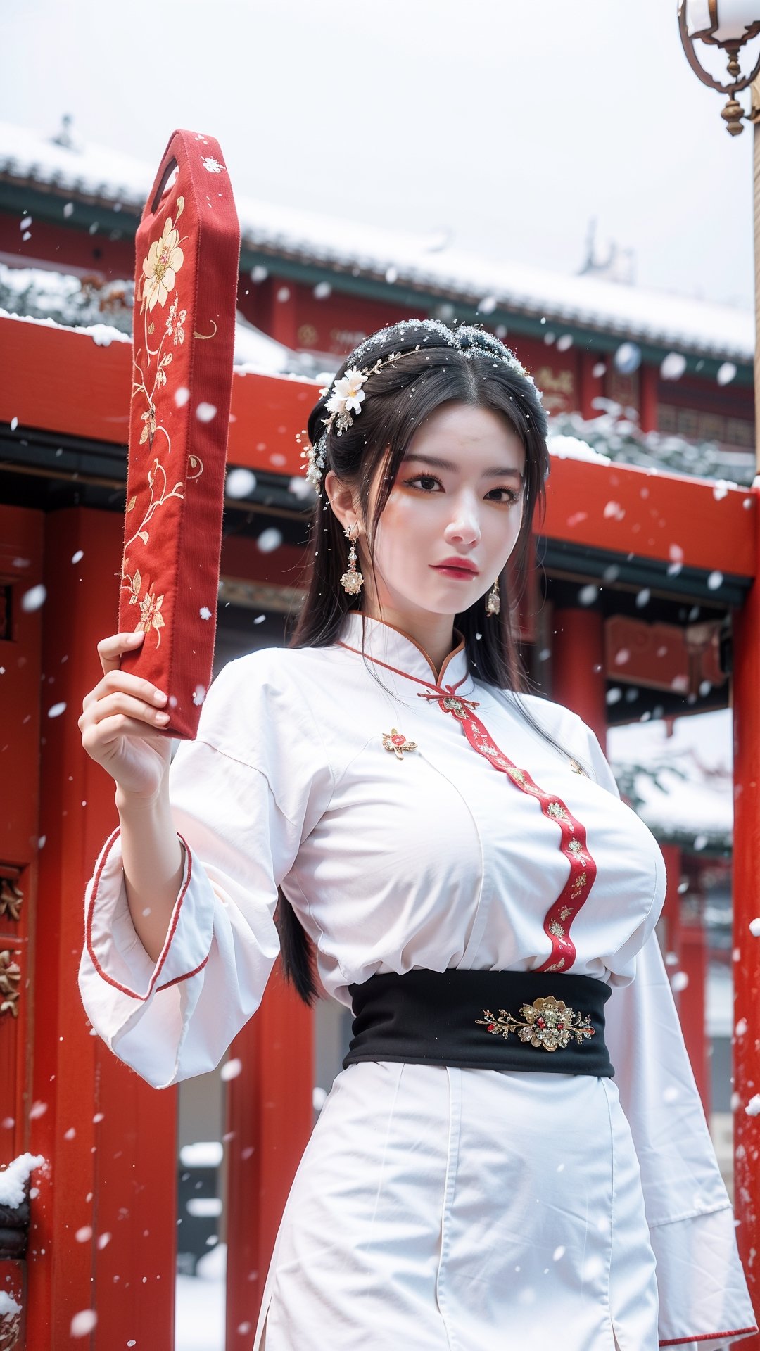 Masterpiece, Best Quality,young and beautiful Chinese girl wearing a cheongsam with coiled hair, , wearing vintage Chinese earrings, (big breasts:1.39),1girl, half, (Masterpiece:1.2), best quality, arien_hanfu, 1girl, (falling_snow:1.3), looking_at_viewer, , (big breasts:1.5),