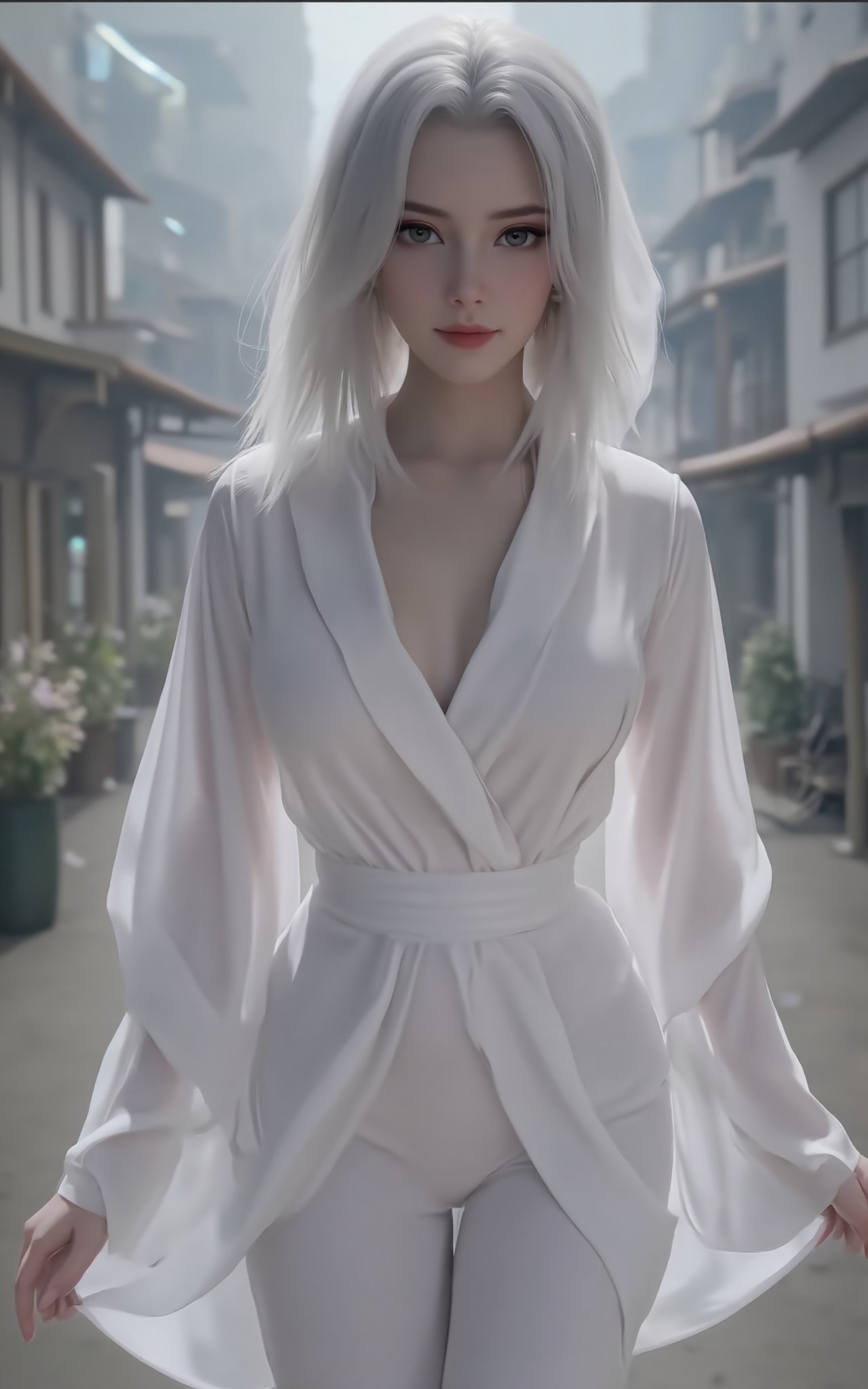 (masterpiece, best quality:1.2), 1girl, (white dress:1.26),looking at viewer,(huge breasts:1.69),Depth of field,(Ancient city streets,flowers:1.29), 1girl, ultra detailed, glary,Light, light particles,reflect,ghost