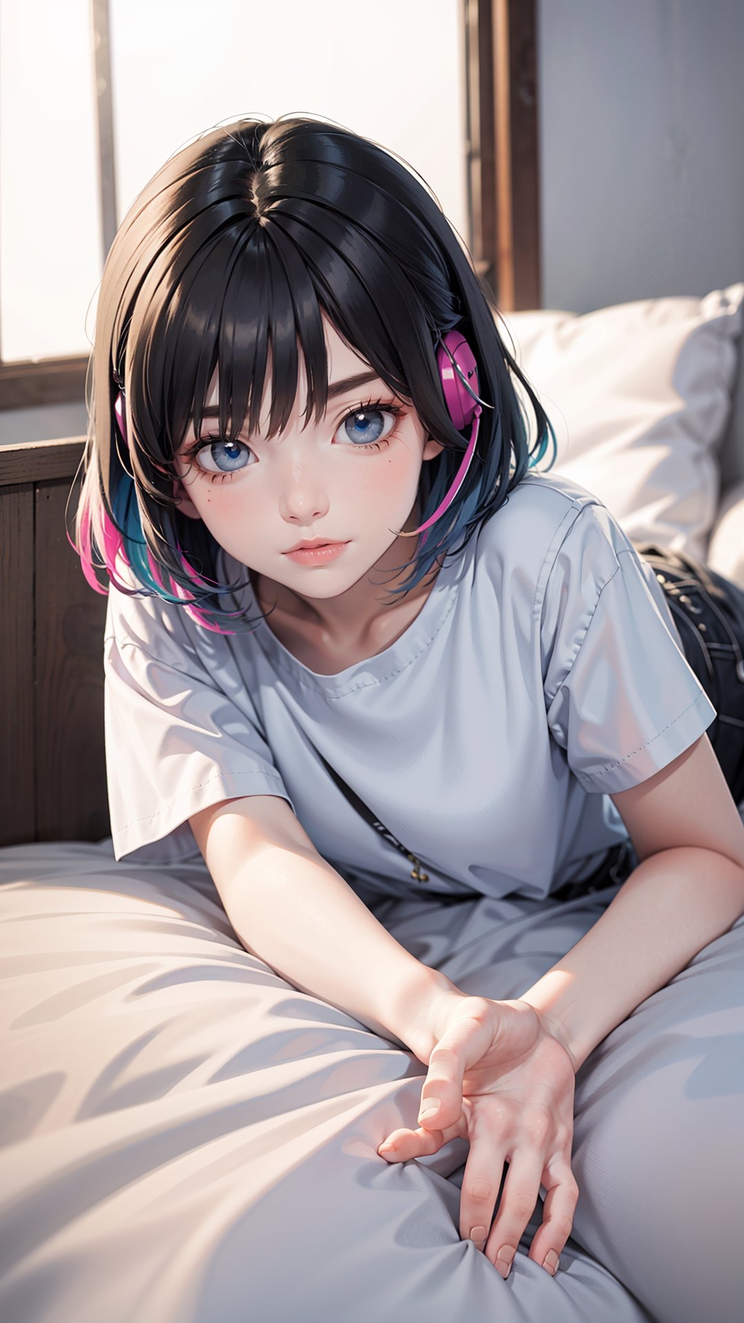 (realistic:1.4),feets_up,lying down, riamuyumemi, ,riamu yumemi, ahoge, blue hair, hair intakes, multicolored hair, (multicolored eyes, blue eyes:1.1), hot pink hair, short hair, two-tone hair,BREAK,  barefoot,   shirt, short sleeves, t-shirt,BREAK looking at viewer, full body,BREAK indoors,BREAK , (masterpiece:1.2), best quality, high resolution, unity 8k wallpaper, (illustration:0.8), (beautiful detailed eyes:1.6), extremely detailed face, perfect lighting, extremely detailed CG, (perfect hands, perfect anatomy),Realism,riamu,ph_Mar,perfect,photorealistic, 

A young woman with wild, disheveled hair, synthwave, lost in her own world, listening to music through her headphones, lying on bed, wearing a cargo pants surrounded by a chaotic bedroom background, drawn in the classic 90s anime art style of Naoko Takeuchi with a VHS effect, 