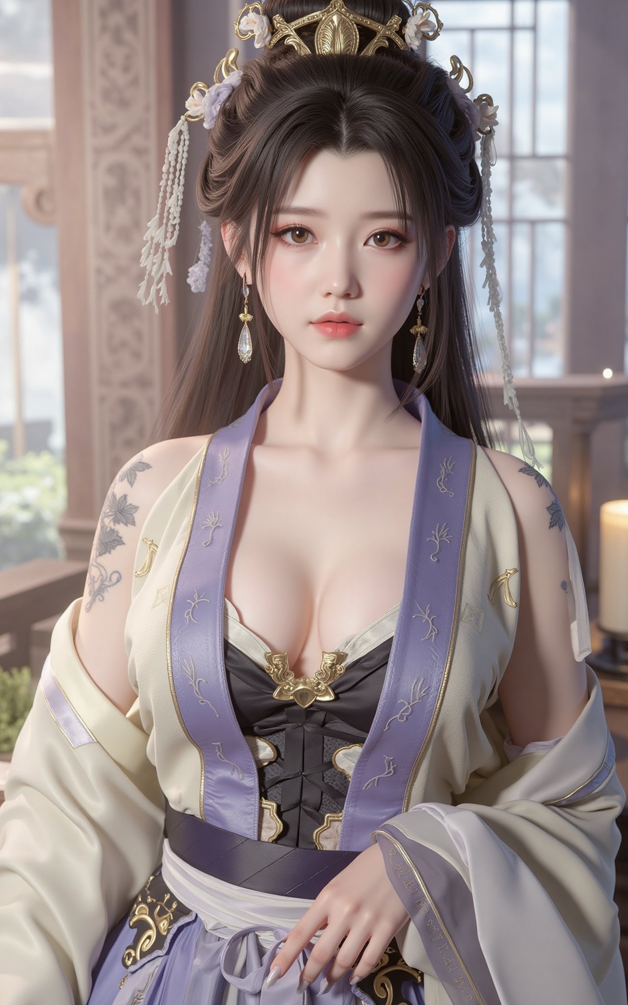 (masterpiece, best quality:1.2), 1girl, (hanfu dress:1.26),looking at viewer,(huge breasts:1.79),Depth of field,