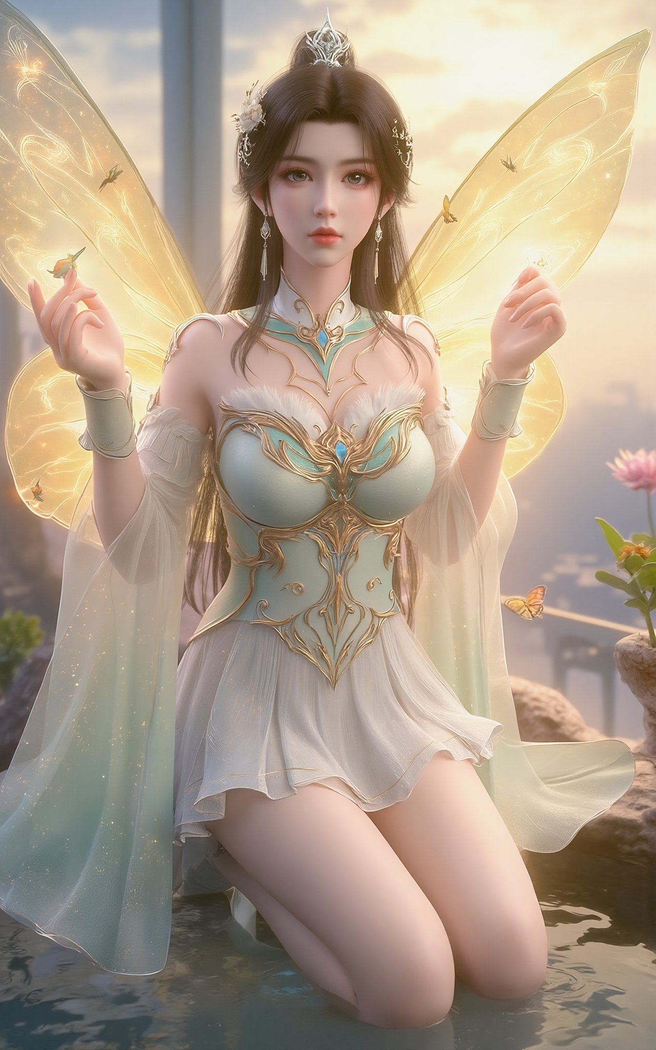 (masterpiece, best quality:1.2), highres, extremely detailed, 1girl,(Holographic sweater dress:1.26),looking at viewer,indoors, Xyunxiao,Yunxiao_Fairy, (huge breasts:1.63),Depth of field,(garden of the sun,shiny,flowers, garden:1.29), 1girl, (Lotus,butterflies:1.29), ultra detailed, glary,Light, light particles,glitter,reflect,Xguxuner