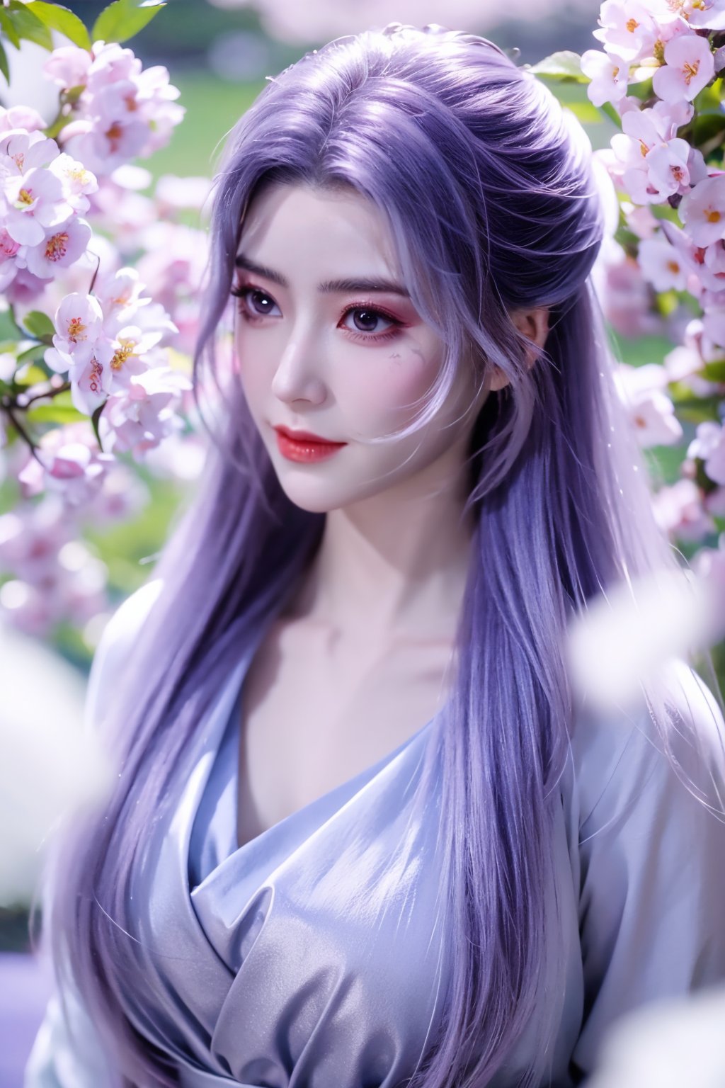 (masterpiece, best quality:1.2), highres, extremely detailed, 1 girl, purple hair, eye highlights,purple dress, frills, outdoors, flower, fluttering petals, upper body, depth of field,pastel color, Depth of field,garden of the sun,shiny,flowers, garden, 1girl, butterfly style, butterflies, ultra detailed, glary,Light, light particles,glitter,reflect,,(big breasts:1.39),Xyunxiao,sky_moon,hanfu