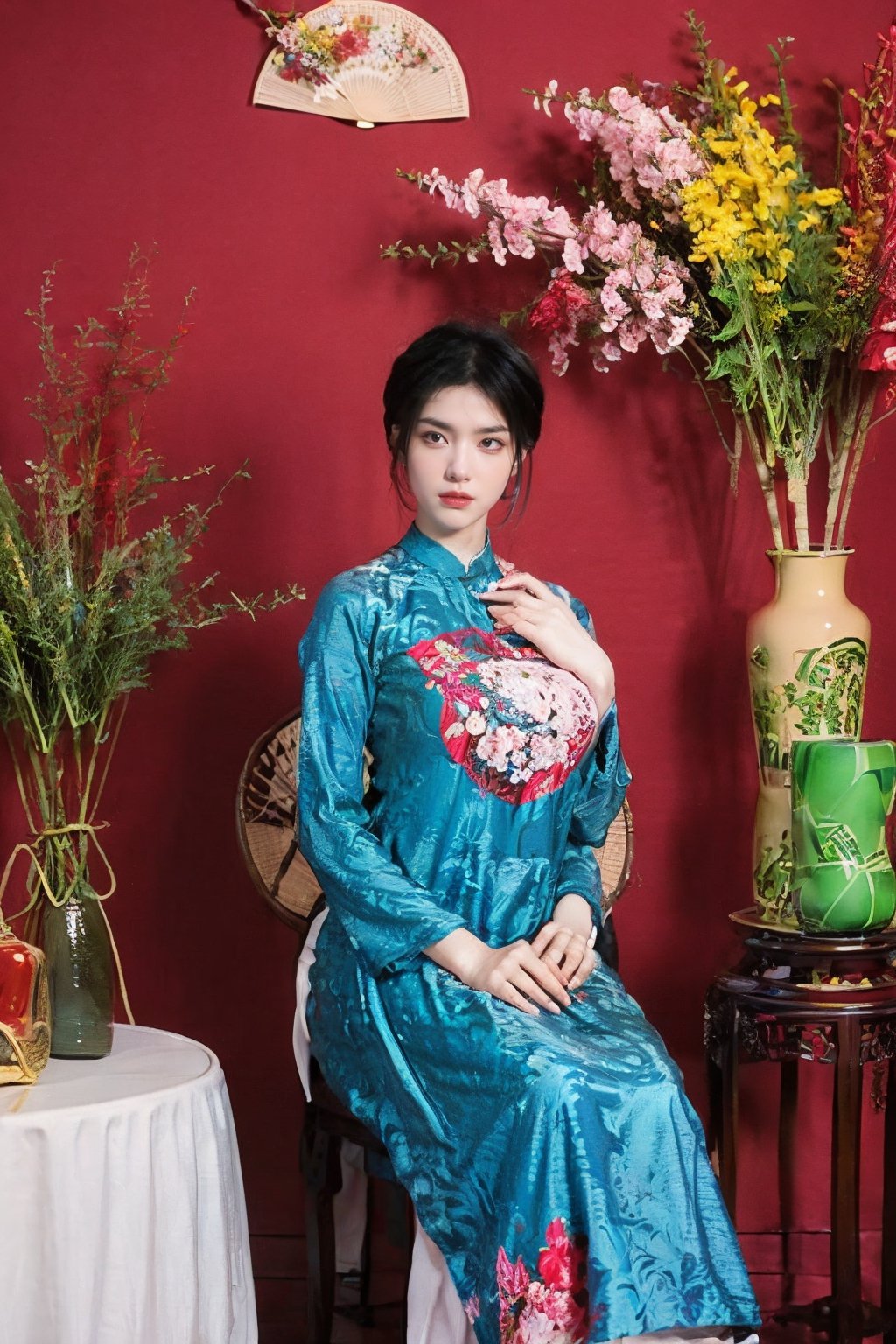 masterpiece, best quality, 1girl, solo, short hair, black hair, sitting, indoors, chair, floral print, table, plant, hand fan, aodai,aodaicuoi,(big breasts:1.39),