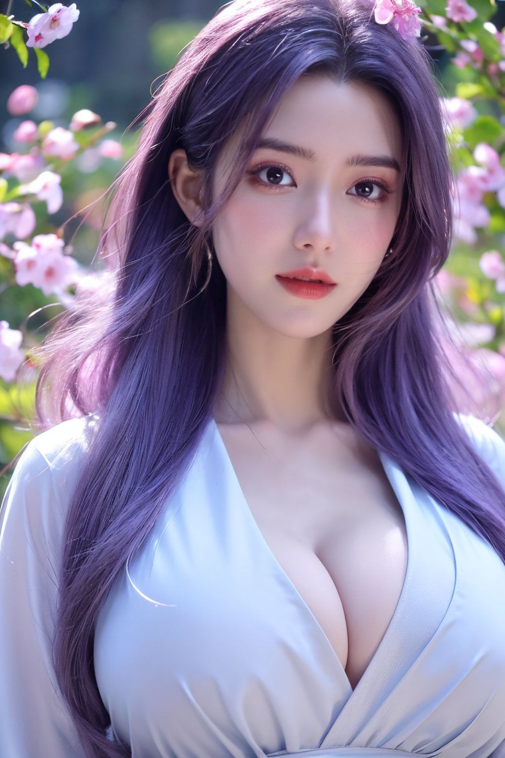 (masterpiece, best quality:1.2), highres, extremely detailed, 1 girl, purple hair, eye highlights,purple dress, frills, outdoors, flower, fluttering petals, upper body, depth of field,pastel color, Depth of field,(garden of the sun,shiny,flowers, garden, 1girl, butterfly style, butterflies:1.1), ultra detailed, glary,Light, light particles,glitter,reflect,,(big breasts:1.68),Xyunxiao,full_moon,hanfu