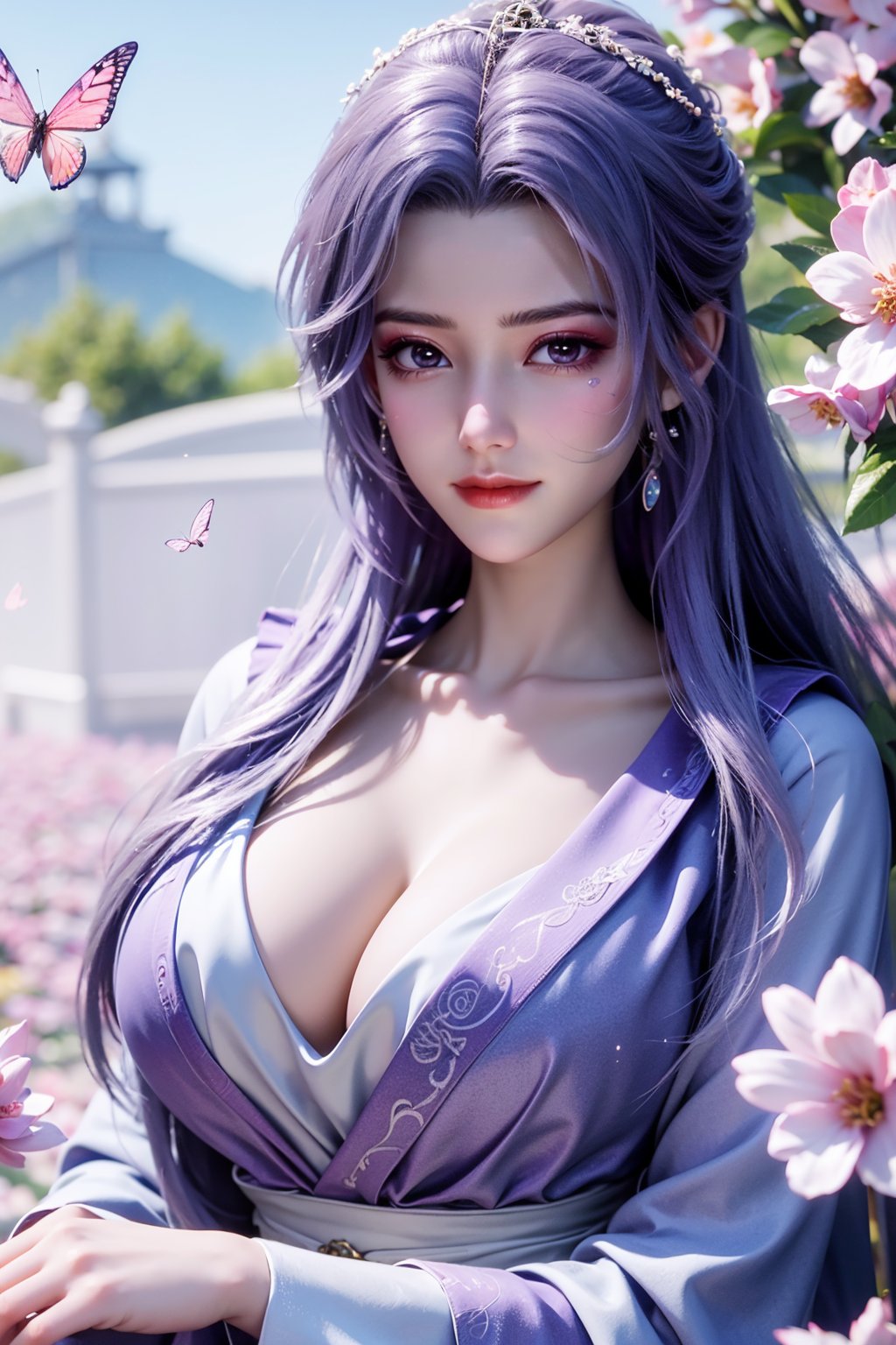 (masterpiece, best quality:1.2), highres, extremely detailed, 1 girl, purple hair, eye highlights,purple dress, frills, outdoors, flower, fluttering petals, upper body, depth of field,pastel color, Depth of field,garden of the sun,shiny,flowers, garden, 1girl, butterfly style, butterflies, ultra detailed, glary,Light, light particles,glitter,reflect,,(big breasts:1.39),Xyunxiao,sky_moon,hanfu