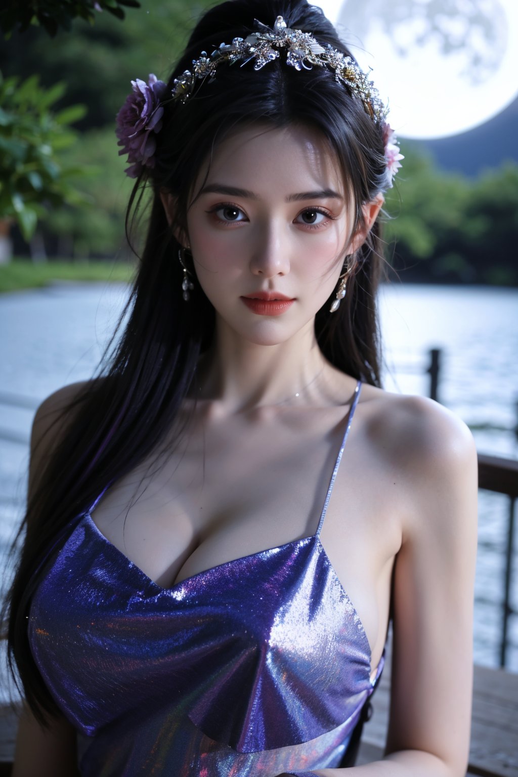   (masterpiece, best quality:1.2),1girl, navel, solo, midriff, bare shoulders, lantern, hair ornament, flower, hair flower, paper lantern, black hair, red lips, looking at viewer, chinese clothes, (light Holographic Color dress:1.29), purple eyes,blurry, solo focus, long hair, lips, night, lipstick, outdoors, upper body, blurry,(huge breasts:1.46), background, solo, makeup, hair bun,Xyunxiao,(full moon:1.23)