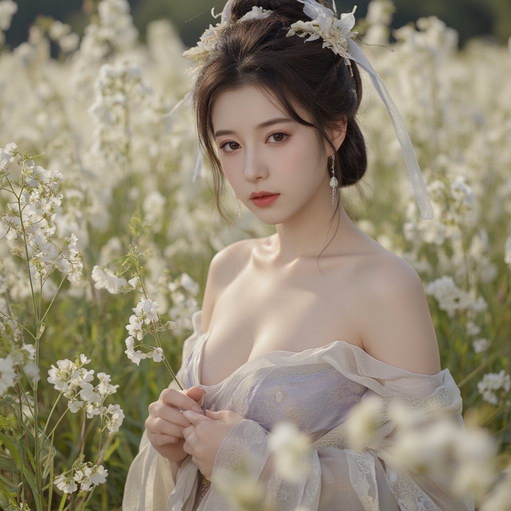 (masterpiece, best quality:1.2), 1girl, (hanfu dress:1.26),looking at viewer,(huge breasts:1.69),Depth of field,