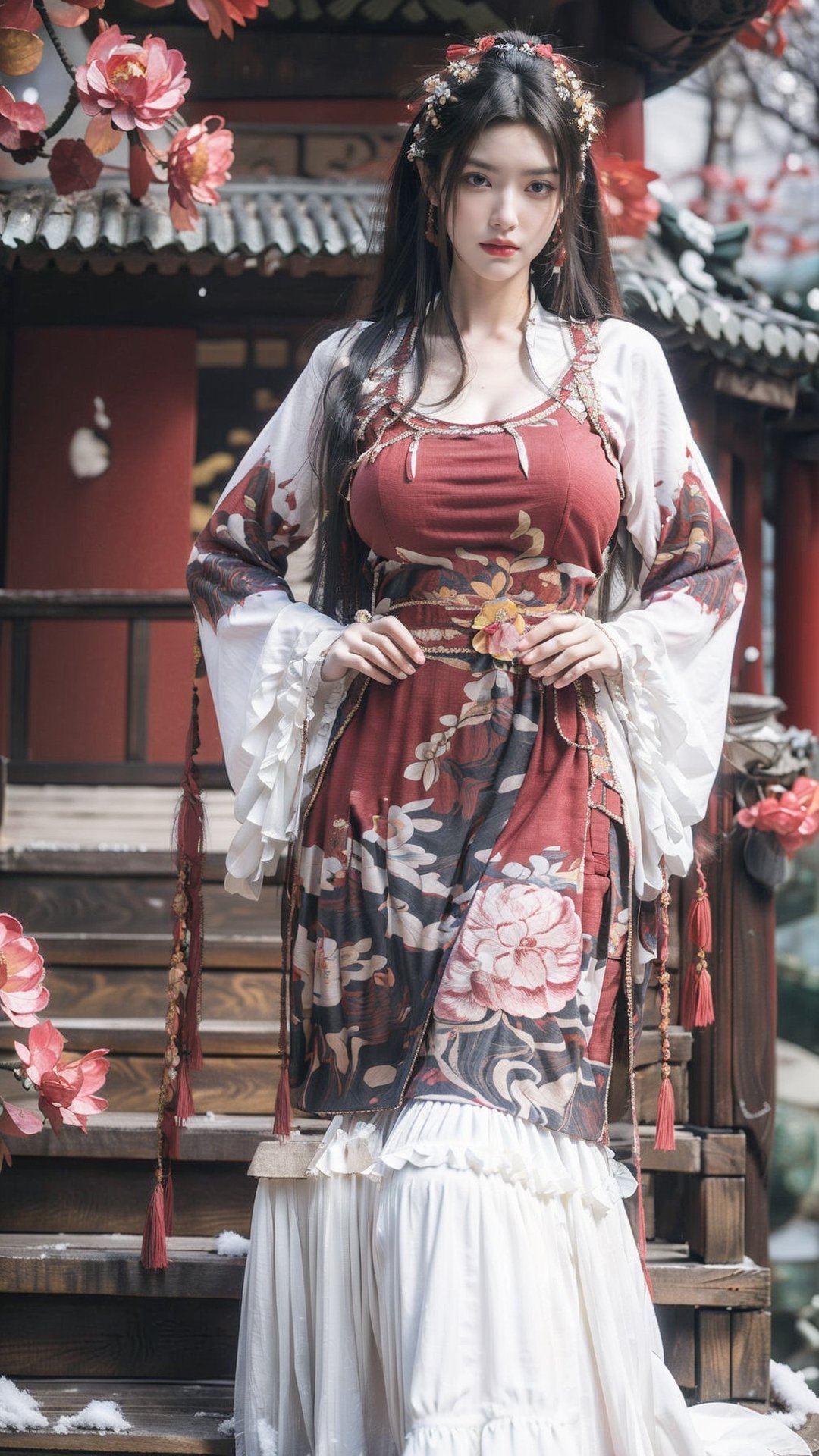 hanfu, Best Quality, masterpiece, (Snowing:1.3),1 girl, (long hair:1.2),  (big breasts:1.89),(Upper body photo:1.3),hanfu,18-year-old , exquisite , extreme face,creamy skin, fair skin,realistic skin details, (super-detail) , long hair, (big breasts:1.69),1girl,long skirt,long sleeves,(Peony flowers, plum blossoms:1.5),(flower:1.3),tangdynastyhanfu, hanfu2,myhanfu, chang,Sit on the steps, hands on hips,embroidered flower patterns,hanfulolita,Chinese style