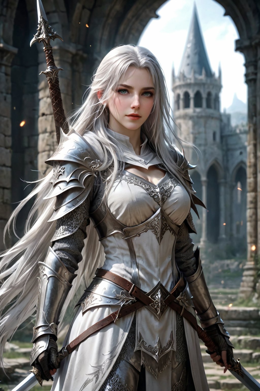 European style, fantasy, solo, cool girl, knight outfit, white & silver long hair, battle, faithing, enemy, ruins, holding long sword, (masterpiece), (best quality), (ultra-detailed), (an extremely delicate and beautiful), ((textile shading)), (caustics), (((sharp focus))),knight,scythe,aesthetic portrait