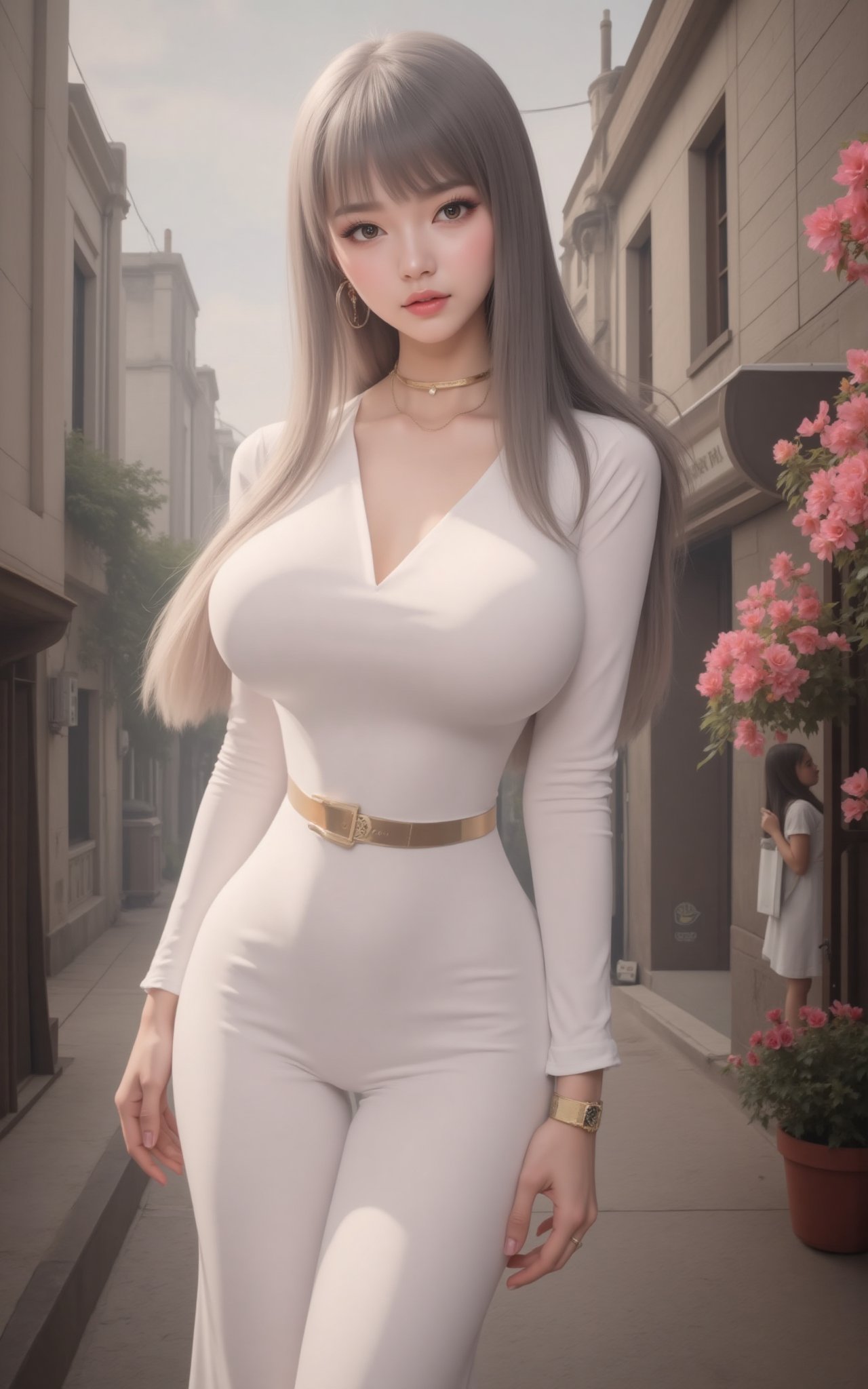 (masterpiece, best quality:1.2), 1girl, (white dress:1.26),looking at viewer,(huge breasts:1.69),Depth of field,(Ancient city streets,flowers:1.29), 1girl, ultra detailed, glary,Light, light particles,reflect,ghost