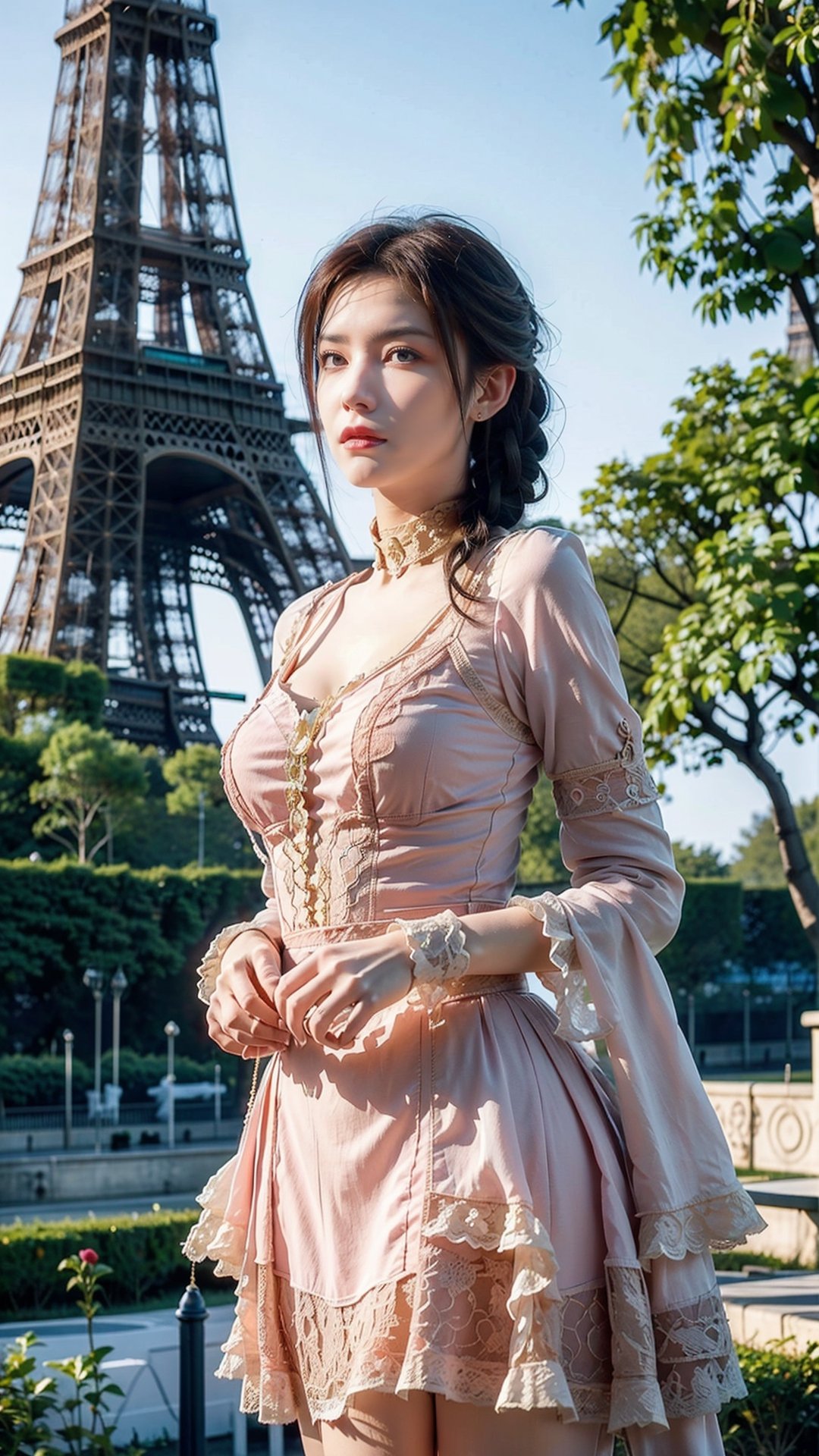 Best quality, masterpiece, ultra high res, raw photo, beautiful and aesthetic,deep shadow,(photorealistic:1.4),
(qyc \(manaka nemu\), 1girl, pink dress, braid),outdoors, (garden, paris:1.5),VICTORIAN DRESS,(Eiffel Tower:1.5),facing the camera