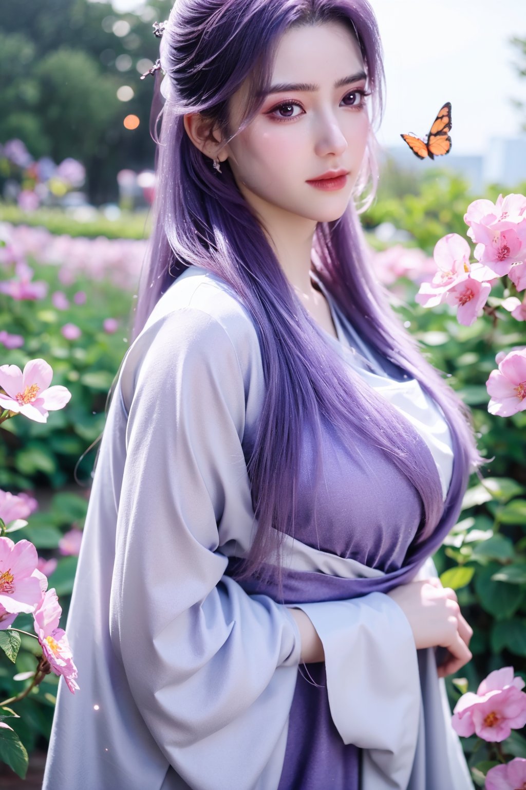 (masterpiece, best quality:1.2), highres, extremely detailed, 1 girl, purple hair, eye highlights,purple dress, frills, outdoors, flower, fluttering petals, upper body, depth of field,pastel color, Depth of field,garden of the sun,shiny,flowers, garden, 1girl, butterfly style, butterflies, ultra detailed, glary,Light, light particles,glitter,reflect,,(big breasts:1.39),Xyunxiao,sky_moon,hanfu