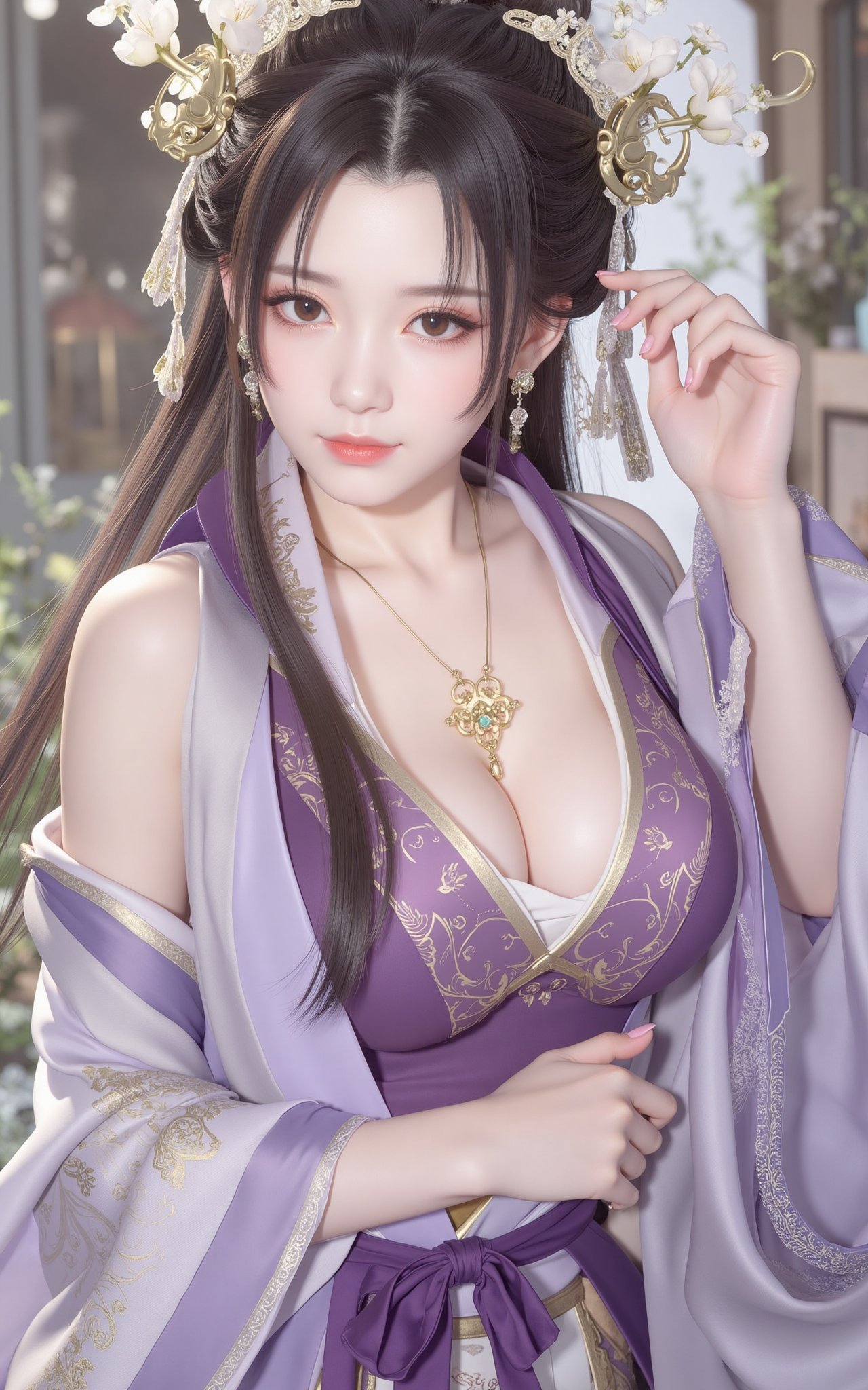 (masterpiece, best quality:1.2), 1girl, (hanfu dress:1.26),looking at viewer,(huge breasts:1.89),Depth of field,