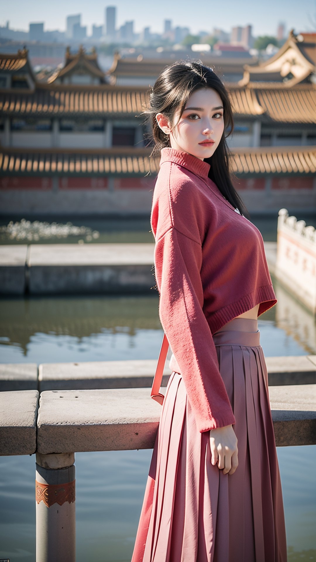 masterpiece, best quality, 1girl,Chinese hanfu,(pink sweater,mid length pleated skirt:1.2),(Forbidden City background, snowing, plum blossoms:1.2),plush clothes,(scarf:1.1),arms_behind_back,Young beauty spirit, (big breasts:1.3), ,Young beauty spirit 