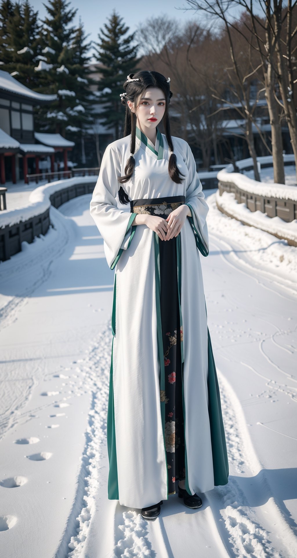 8k, masterpiece, best quality, dream wave, aesthetic, ((1 girl)),(hanfu clothes:1.3), (large breasts:1.29),((winter:1.2)),(snow:1.2), (false:1.15),(void:1.25),(magic:1.25),dream_girl