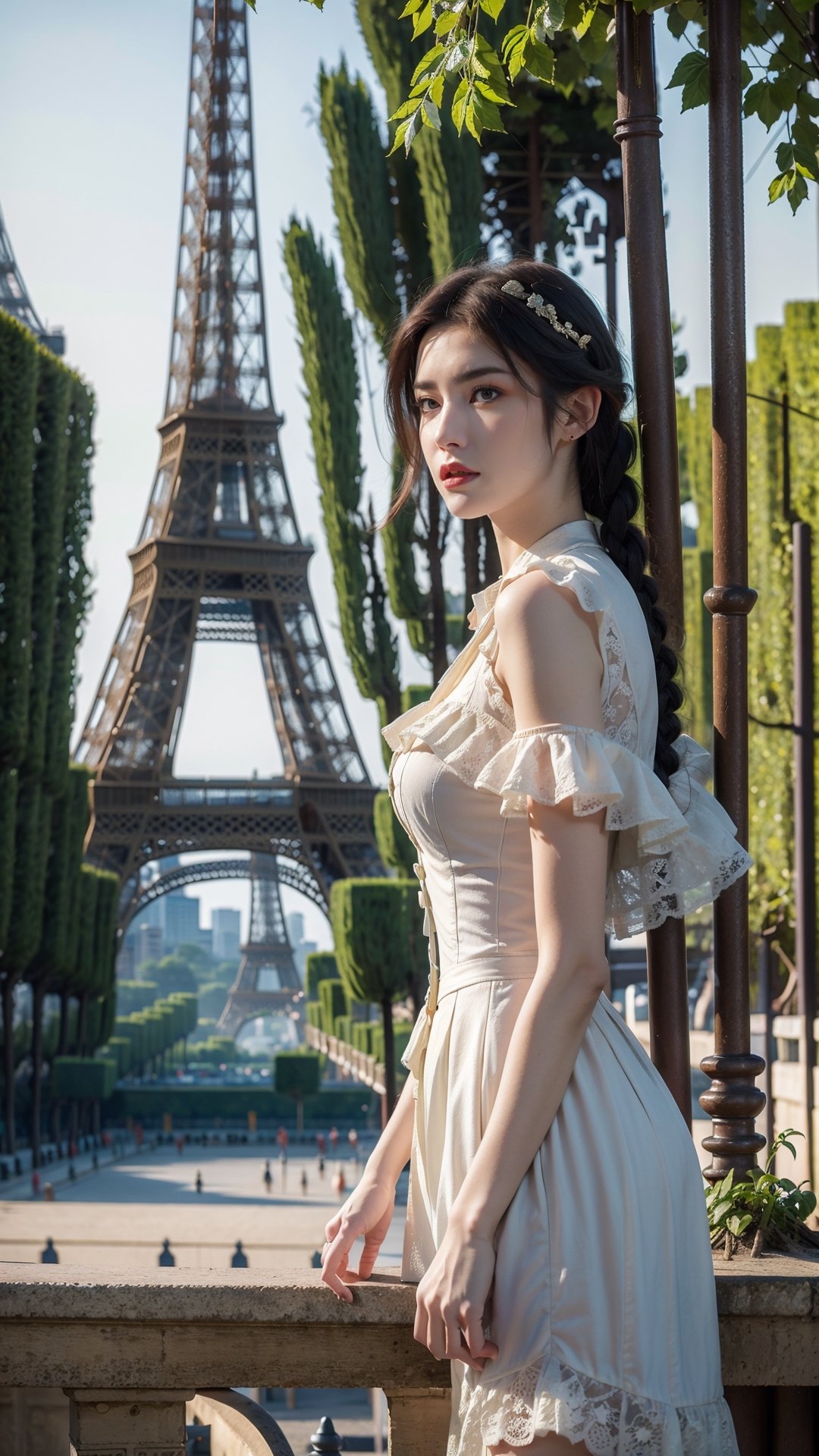 Best quality, masterpiece, ultra high res, raw photo, beautiful and aesthetic,deep shadow, dark theme,(photorealistic:1.4),
(qyc \(manaka nemu\), 1girl, dress, braid),outdoors, (garden, paris:1.5),VICTORIAN DRESS,(Eiffel Tower:1.5)