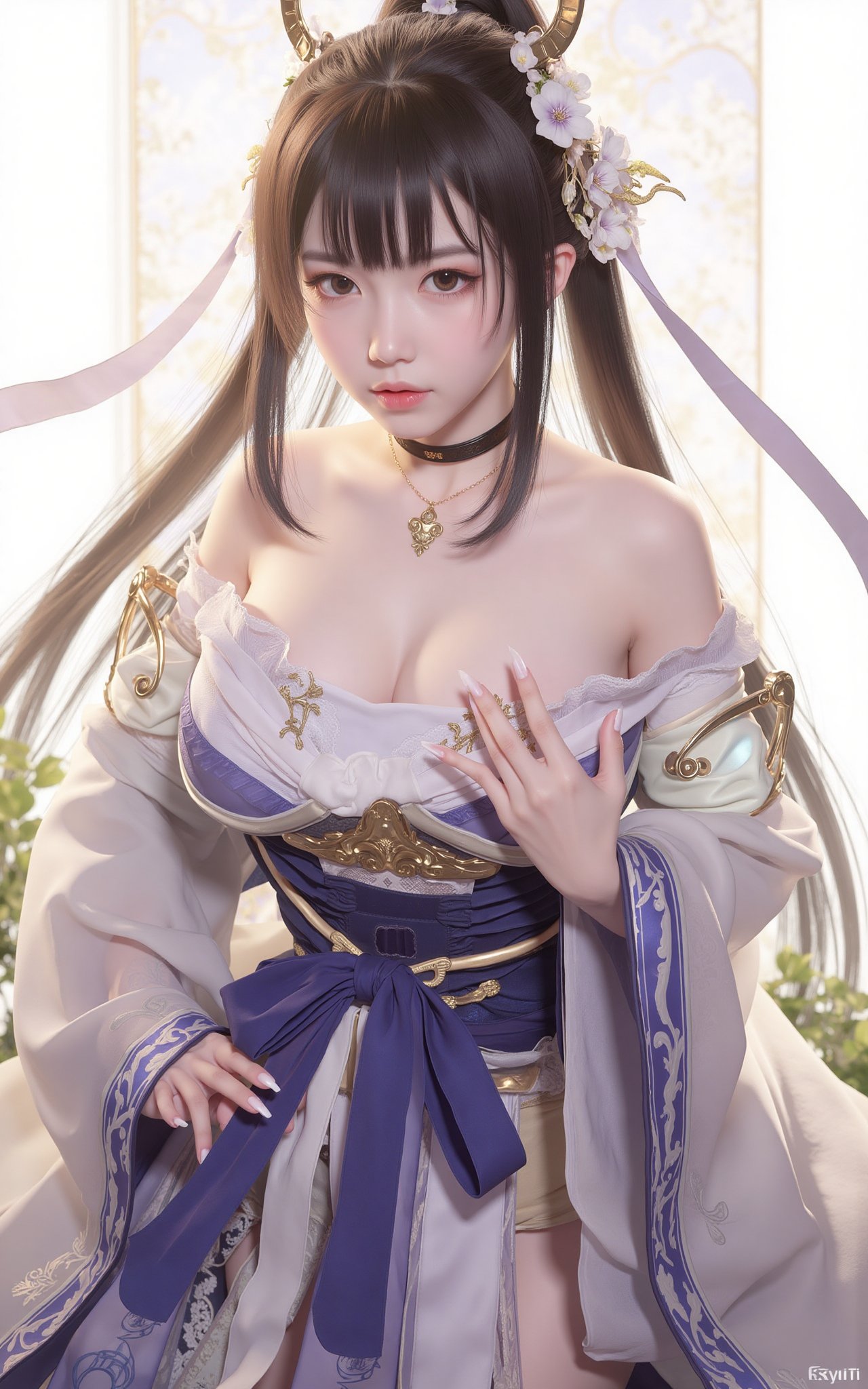 (masterpiece, best quality:1.2), 1girl, (hanfu dress:1.26),looking at viewer,(huge breasts:1.69),Depth of field,