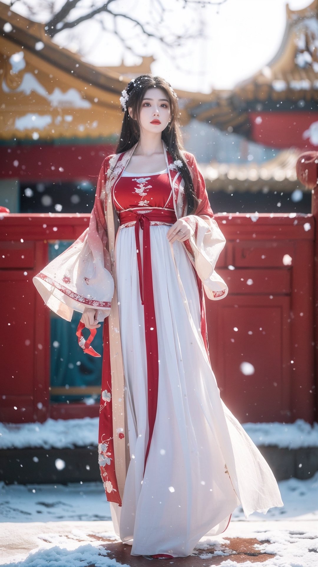 hanfu2, Best Quality, masterpiece, Super High Resolution, (realistic: 1.4) , (Snowing:1.5), 1 girl, (long hair:1.2),  (big breasts:1.59),hanfu,18-year-old,  (best quality, 8k, Masterpiece: 1.3) , exquisite (realistic style) , extreme face, photo-level lighting,  creamy skin, fair skin, high-detail skin, realistic skin details, visible pores, (super-detail) , (perfect body: 1.1) , long hair, (dynamic pose:1.3) , (big breasts:1.6),1girl,long skirt,long sleeves,HOG_Calligraphy_Tatoo,myhanfu,moyou,embroidered flower patterns,tangdynastyhanfu