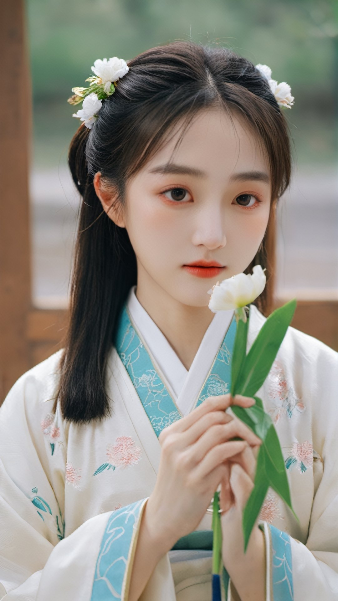 masterpiece, best quality, absurdres, 8K, super fine, best_lighting, a beautiful girl,hanfu,school,classroom,flowers,spring,yeseo,xxmix_girl,aesthetic portrait,more detail XL