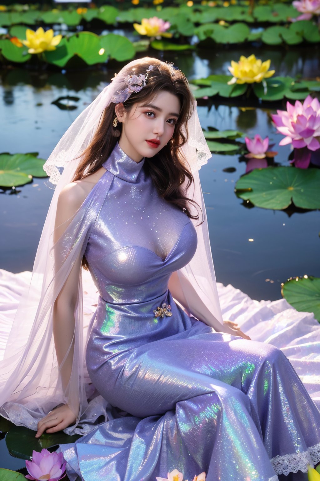 masterpiece,1girl,(mature female:0.5),tall body,full  body,golden proportions,(Kpop idol),(shiny skin:1.2),(oil skin:1.1),makeup,(close up),depth of field,(closed mouth:0.5),((long wavy brown hair)),(puffy eyes),(eyelashes:1.1),(parted lips:1.1),red lipstick,fantasy art style,dreamy light,(high neck light purple wedding dress:1.59),(light purple long wedding dress:1.39),(Holographic colorful:1.52),(Holographic,lace:1.49),perfect body,(dreamy veil:1.3),(dusk:1.2),(princess shoes:1.1),(diamond necklace),(crystal hairpin),tyndall effect,highres,(Sitting on the grass by the river:1.56), (lotus pond full of lotus flowers:1.69), (big breasts:2.09),(Flowers:1.69)