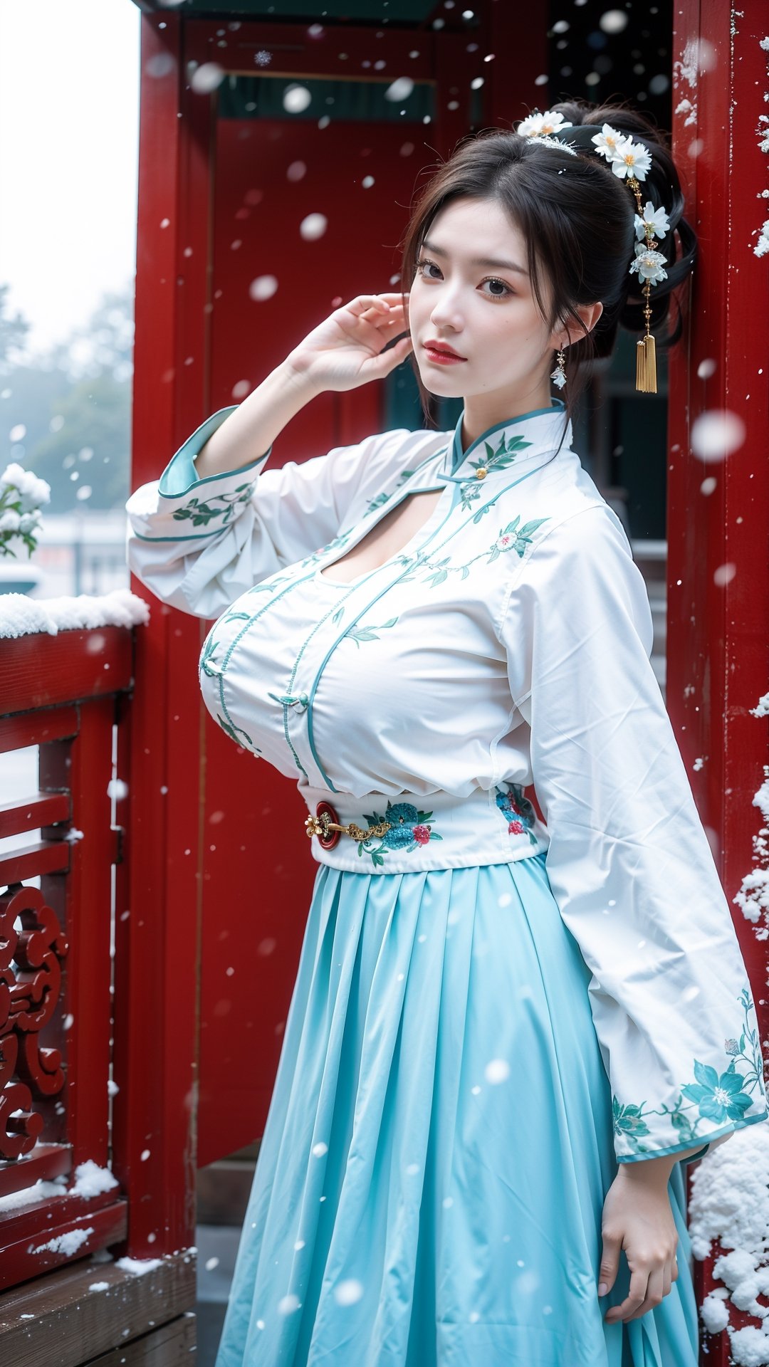 Masterpiece, Best Quality,young and beautiful Chinese girl wearing a cheongsam with coiled hair, , wearing vintage Chinese earrings, (big breasts:1.36),1girl, half, (Masterpiece:1.2), best quality, arien_hanfu, 1girl, (falling_snow:1.3), looking_at_viewer, , (big breasts:1.46),