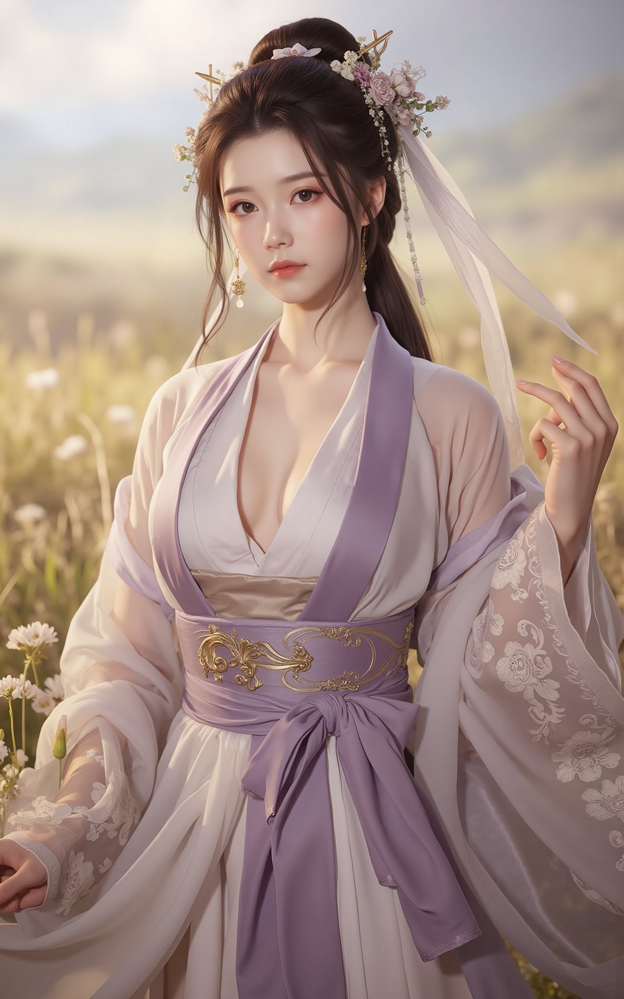 (masterpiece, best quality:1.2), 1girl, (hanfu dress:1.26),looking at viewer,(huge breasts:1.69),Depth of field,