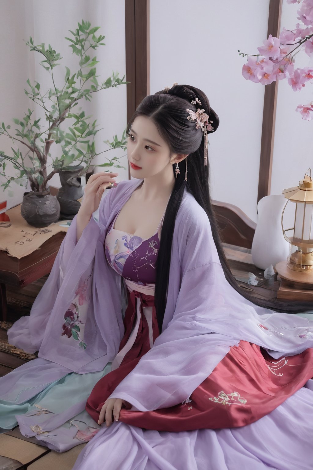 (masterpiece, best quality:1.2),1girl, solo, long hair, black hair,Hairpins,necklace, hair ornament, dress, full body, flower, earrings, indoors, hair bun, (red-Purple-green dress:1.29),(Tube top Hanfu long skirt:1.1), pillow, bed, night, chinese clothes, table, branch,daxiushan, ,daxiushan style,(huge breasts:2.33), (full breasts:1.79), realistic,hanfu, daxiushan,Shoulders are exposed, , daxiushan, arien_hanfu, FilmGirl,Xziling,More Reasonable Details