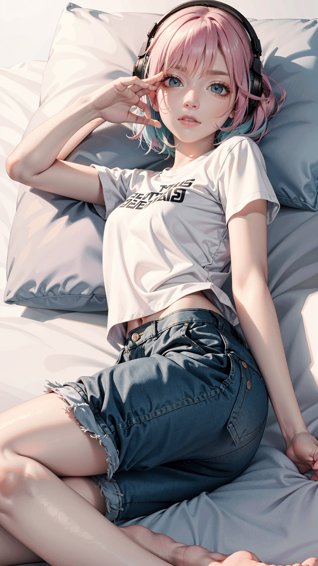 (realistic:1.4),feets_up,lying down, riamuyumemi, ,riamu yumemi, ahoge, blue hair, hair intakes, multicolored hair, (multicolored eyes, blue eyes:1.1), hot pink hair, short hair, two-tone hair,BREAK,  barefoot,   shirt, short sleeves, t-shirt,BREAK looking at viewer, full body,BREAK indoors,BREAK , (masterpiece:1.2), best quality, high resolution, unity 8k wallpaper, (illustration:0.8), (beautiful detailed eyes:1.6), extremely detailed face, perfect lighting, extremely detailed CG, (perfect hands, perfect anatomy),Realism,riamu,ph_Mar,perfect,photorealistic, 

A young woman with wild, disheveled hair, synthwave, lost in her own world, listening to music through her headphones, lying on bed, wearing a cargo pants surrounded by a chaotic bedroom background, drawn in the classic 90s anime art style of Naoko Takeuchi with a VHS effect, 