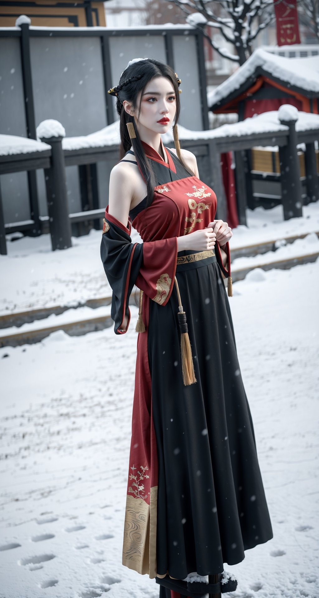 8k, masterpiece, best quality, dream wave, aesthetic, ((1 girl)),(hanfu clothes:1.3), (large breasts:1.29),((winter:1.2)),(snow:1.2), (false:1.15),(void:1.25),(magic:1.25),dream_girl