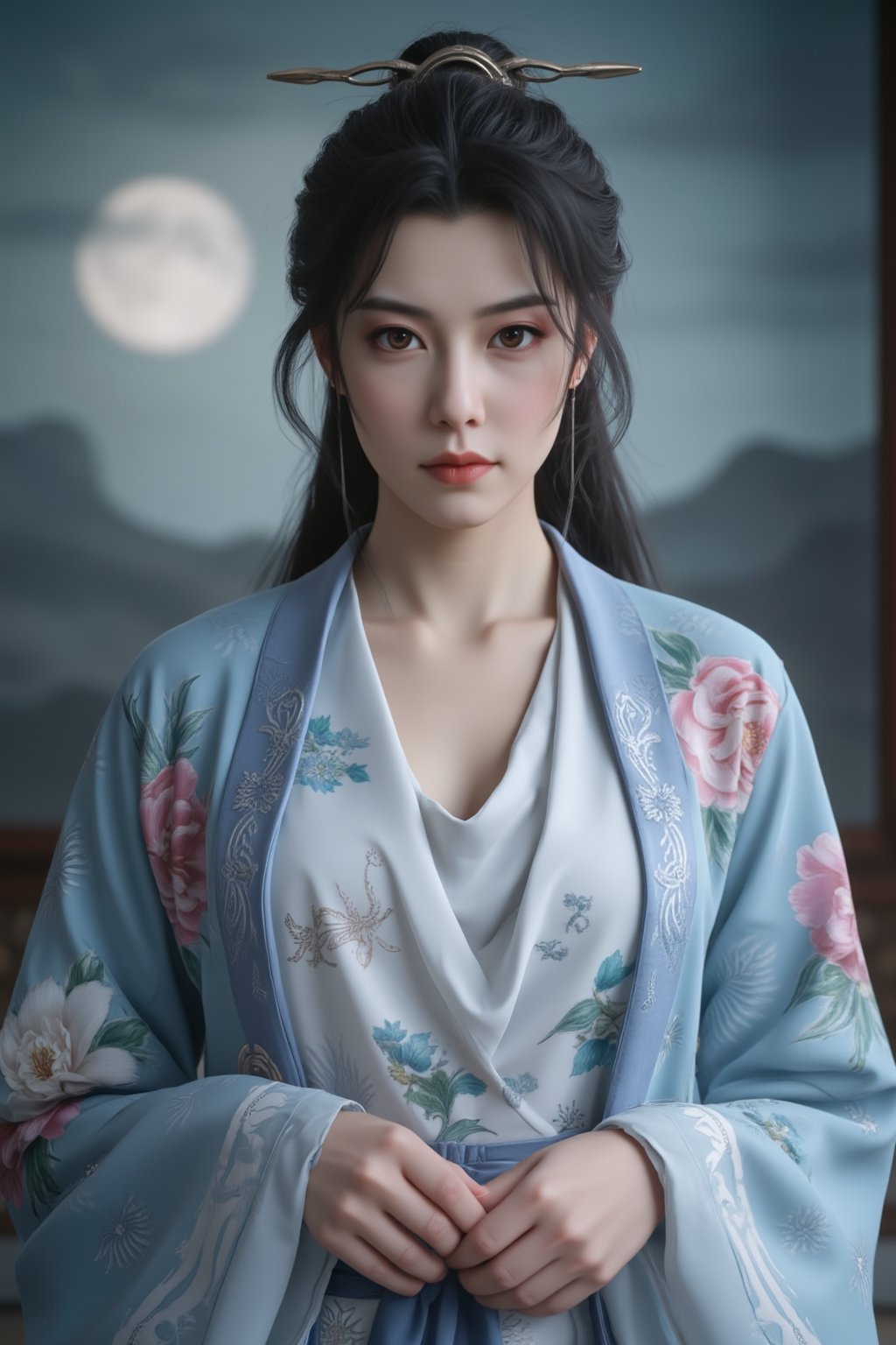 (8k, RAW photo, best quality, masterpiece:1.2), (realistic, photo-realistic:1.2)(raw photo) , detailed and intricate, original,highres,looking at viewer,upper body,black hair,BREAK,(light blue hanfu:1.29),(huge breasts:2.39),Xyunxiao,1girl,(full moon,Peony:1.36),BREAK,(Chinese Phoenix pattern embroidery:1.26),wonder beauty