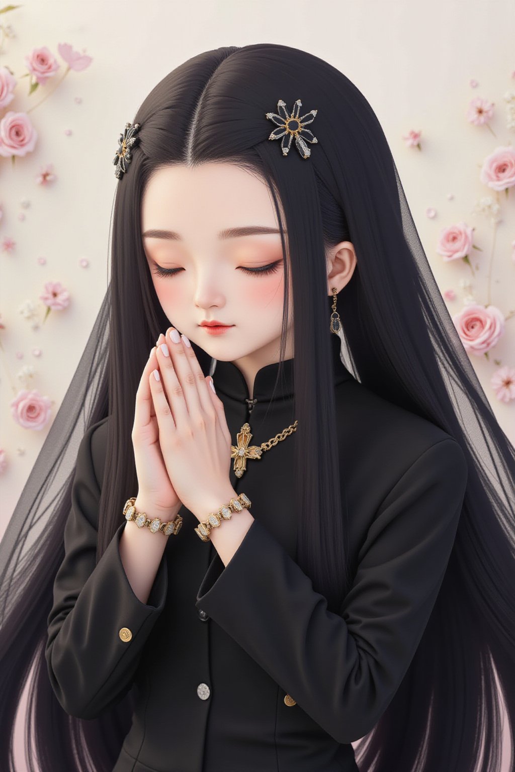 1girl, solo, long hair, black hair, hair ornament, long sleeves, dress, jewelry, closed mouth, closed eyes, upper body, earrings, necklace, bracelet, ring, own hands together, veil, red lips, praying,Midjourney_Whisper,Made of adrr-zllj,landscape,wonder beauty