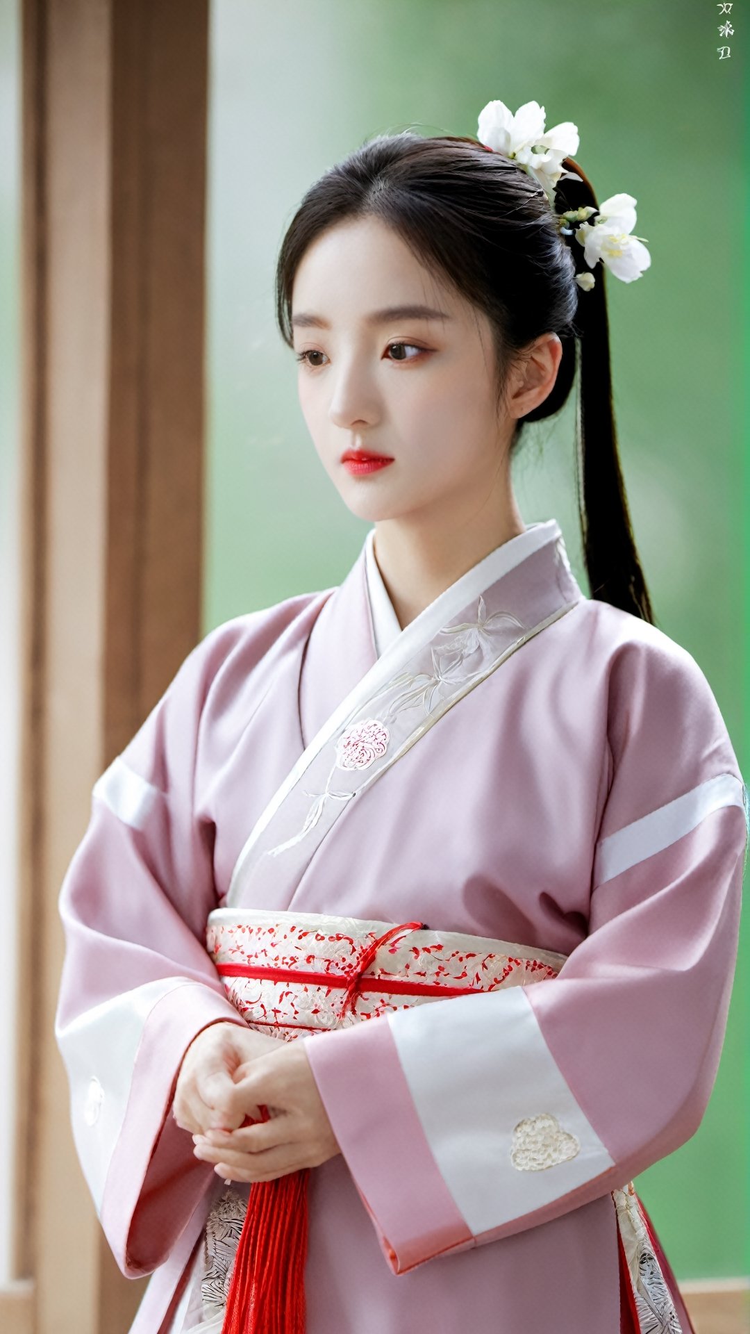 masterpiece, best quality, absurdres, 8K, super fine, best_lighting, a beautiful girl,hanfu,school,classroom,flowers,spring,yeseo,xxmix_girl