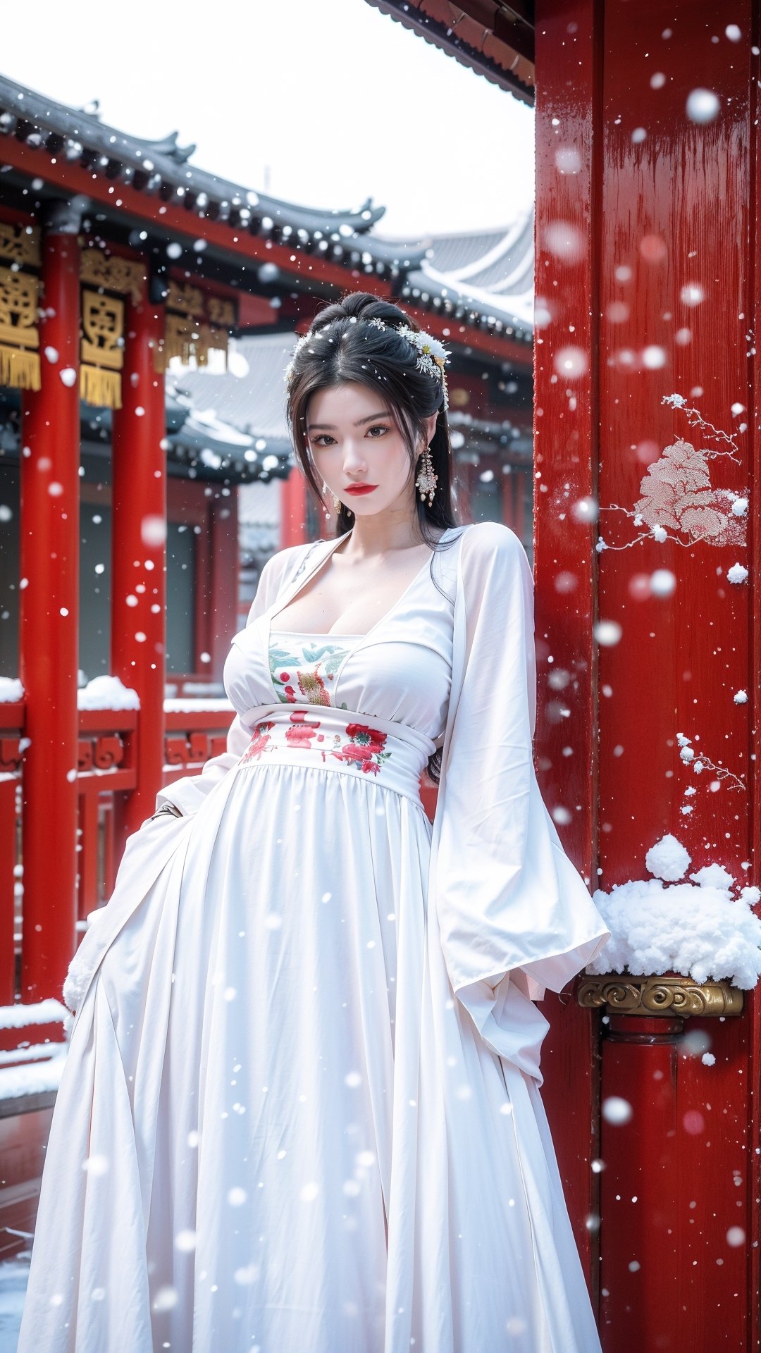 Masterpiece, Best Quality,young and beautiful Chinese girl wearing a cheongsam with coiled hair, , wearing vintage Chinese earrings, (big breasts:1.39),1girl, half, (Masterpiece:1.2), best quality, arien_hanfu, 1girl, (falling_snow:1.3), looking_at_viewer, , (big breasts:1.5),